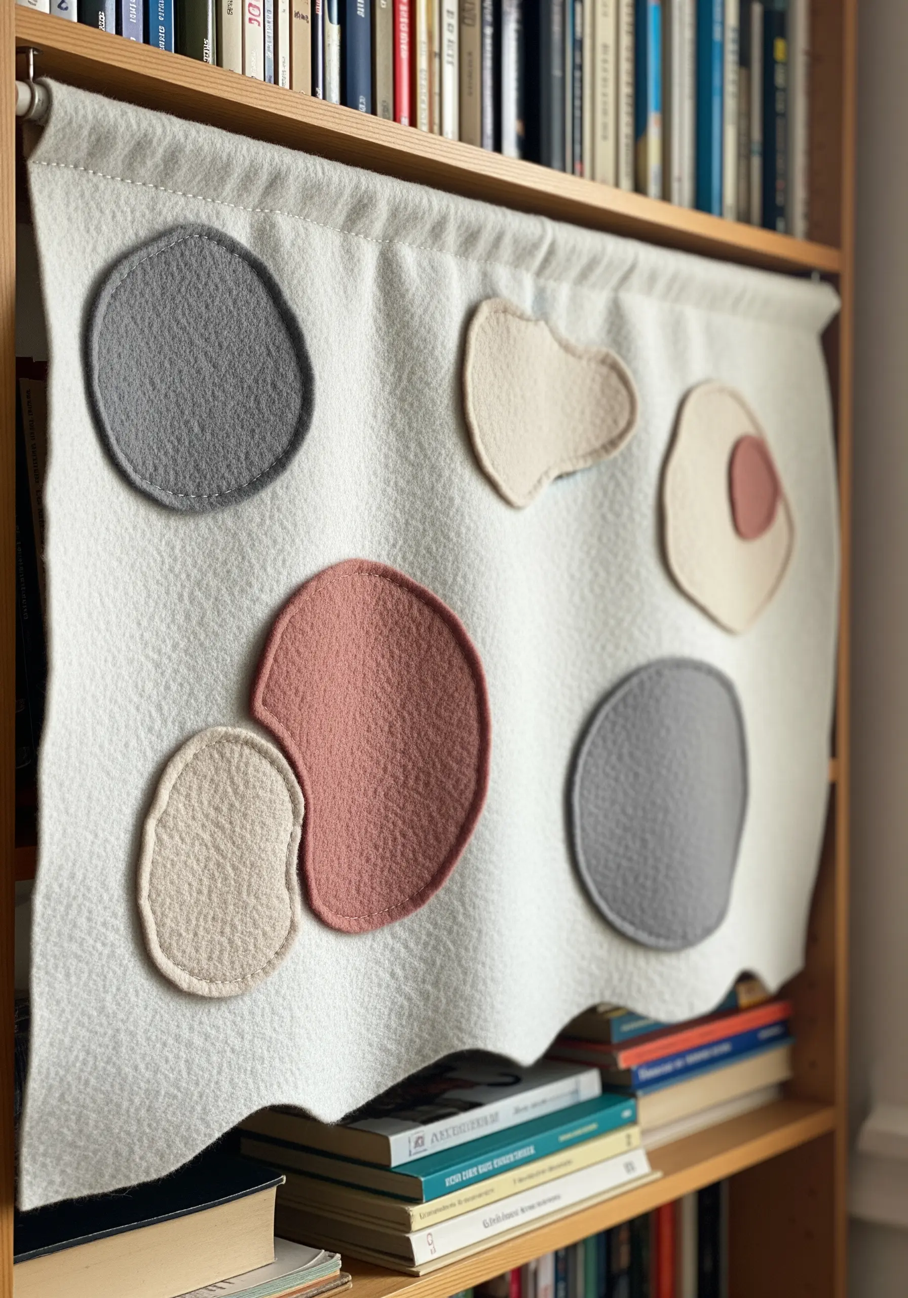A white felt wall hanging decorated with appliquéd organic shapes in muted colors.
