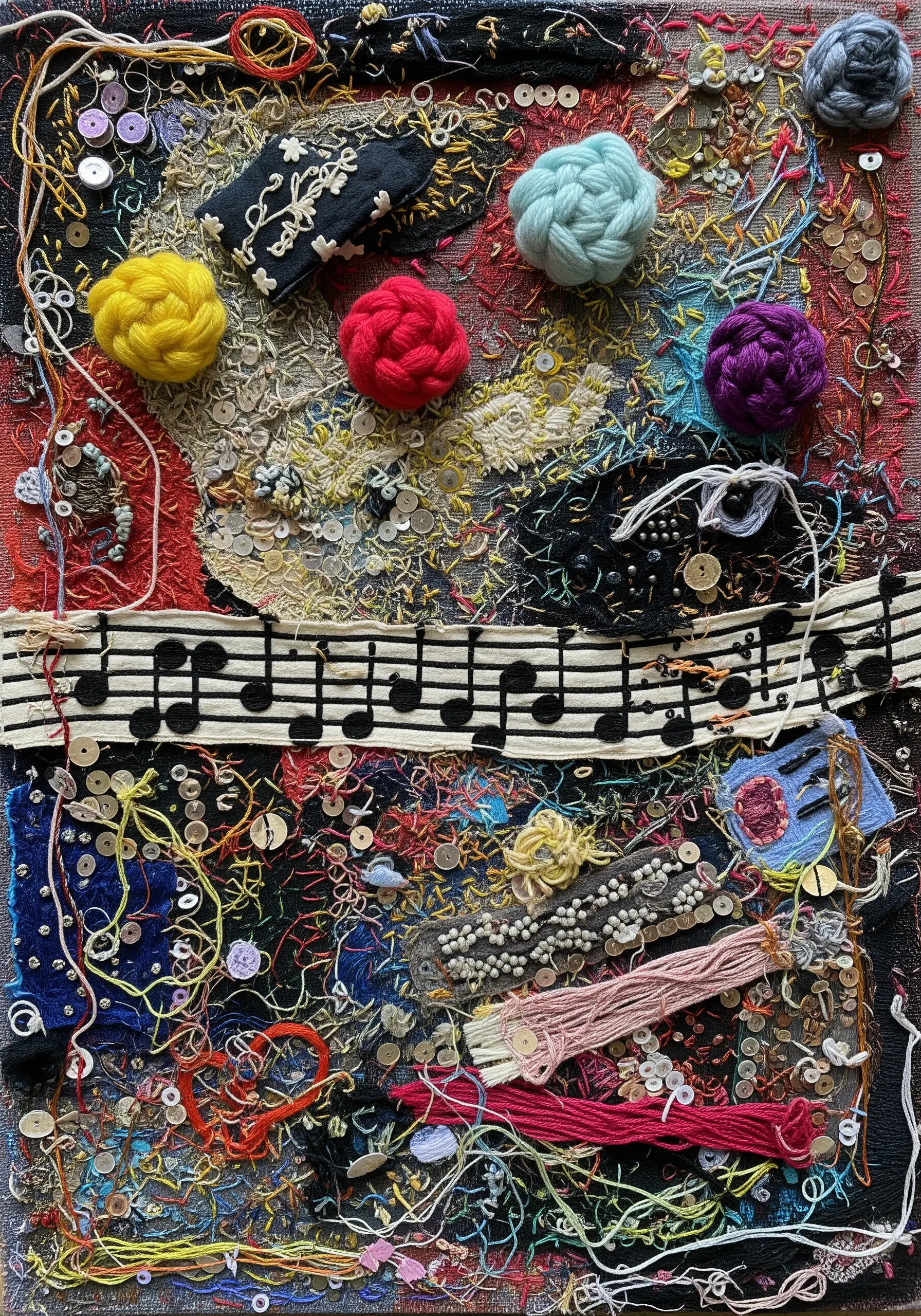 A dense, maximalist mixed-media embroidery with fabric, yarn, beads, and chaotic stitches.