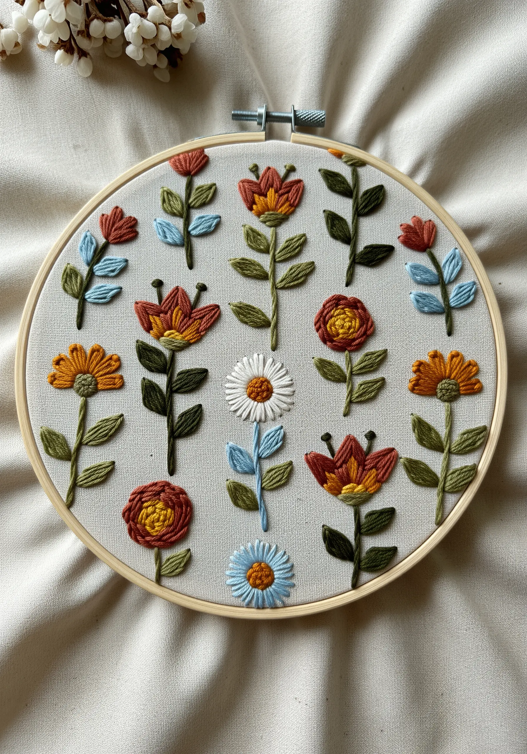 A grid of stylized flowers in a hoop using raised satin stitch for a 3D effect.