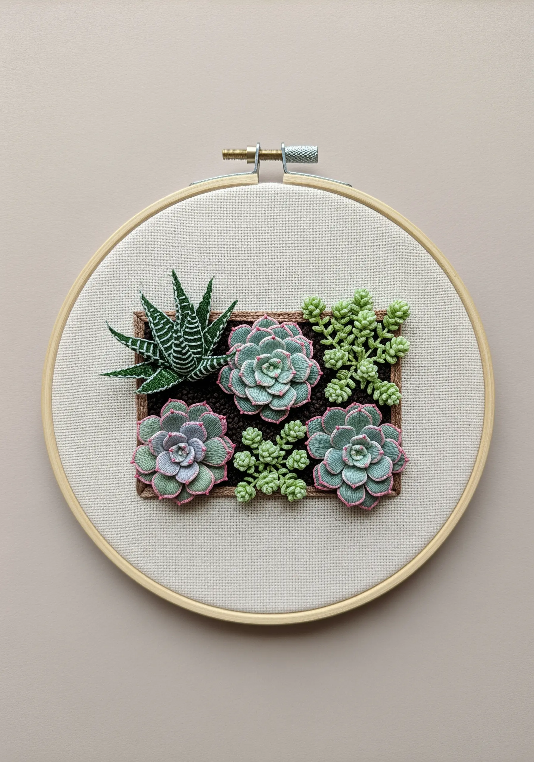 An embroidered succulent garden in a square frame with various textures and shapes.