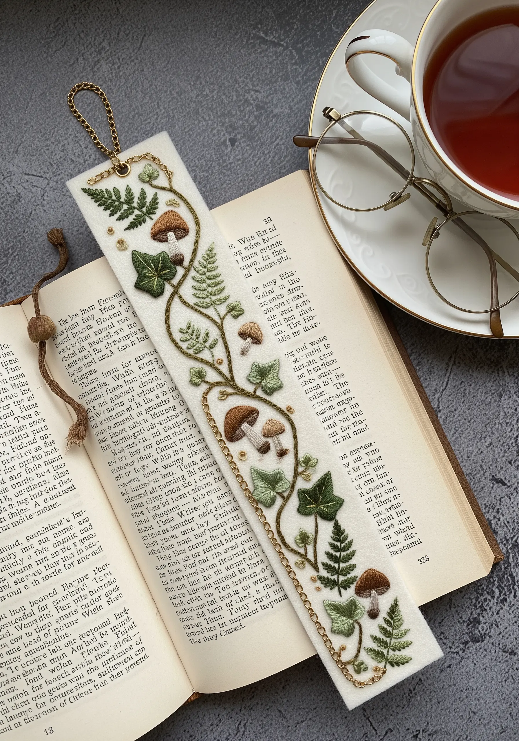 Embroidered bookmark with mushrooms, ferns, ivy, and a gold chain.