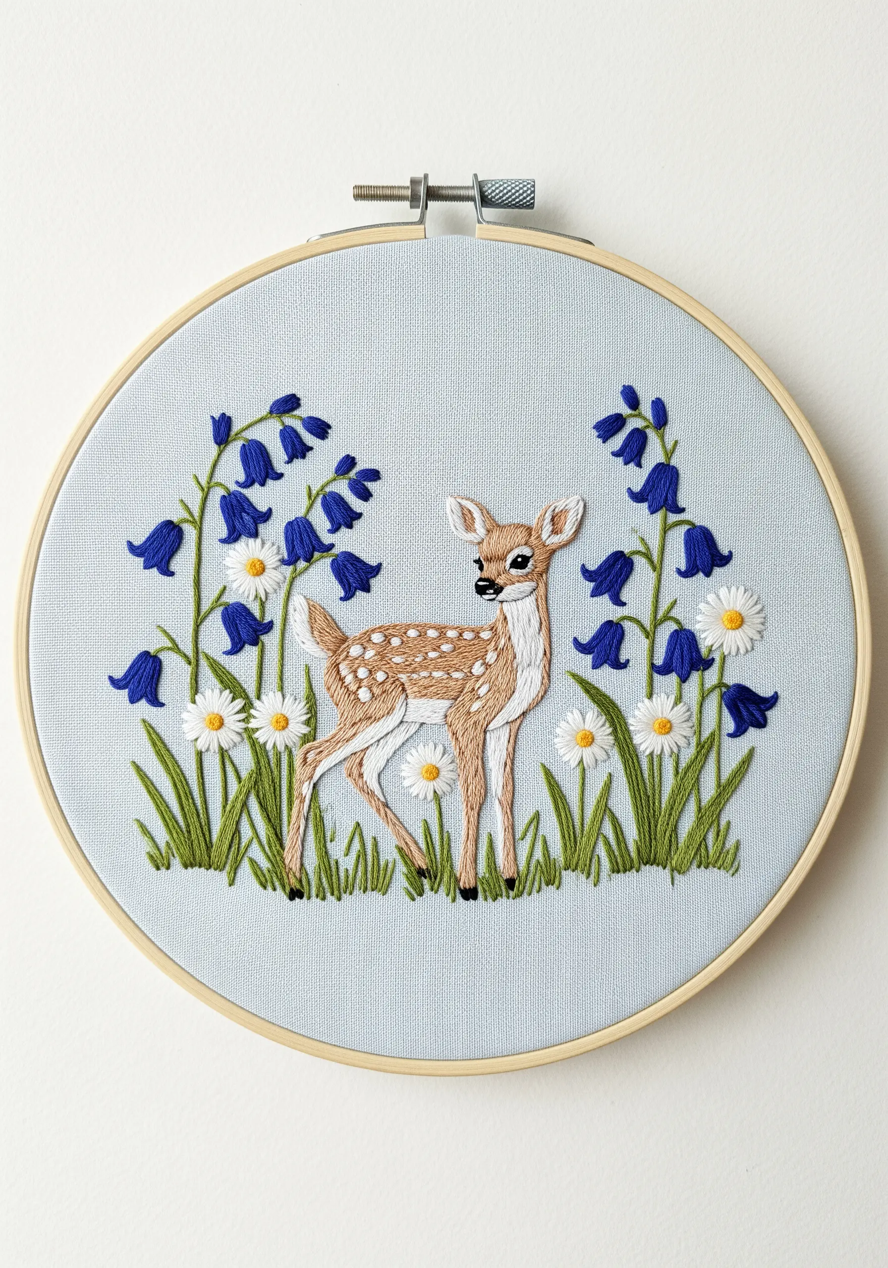 Embroidered fawn standing in a field of bluebells and daisies.