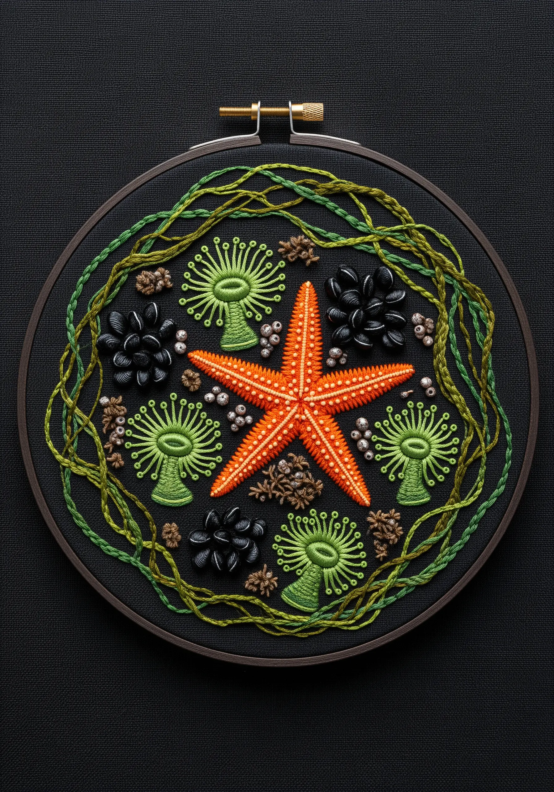 Embroidered tide pool mandala with a starfish, sea anemones, and seaweed.