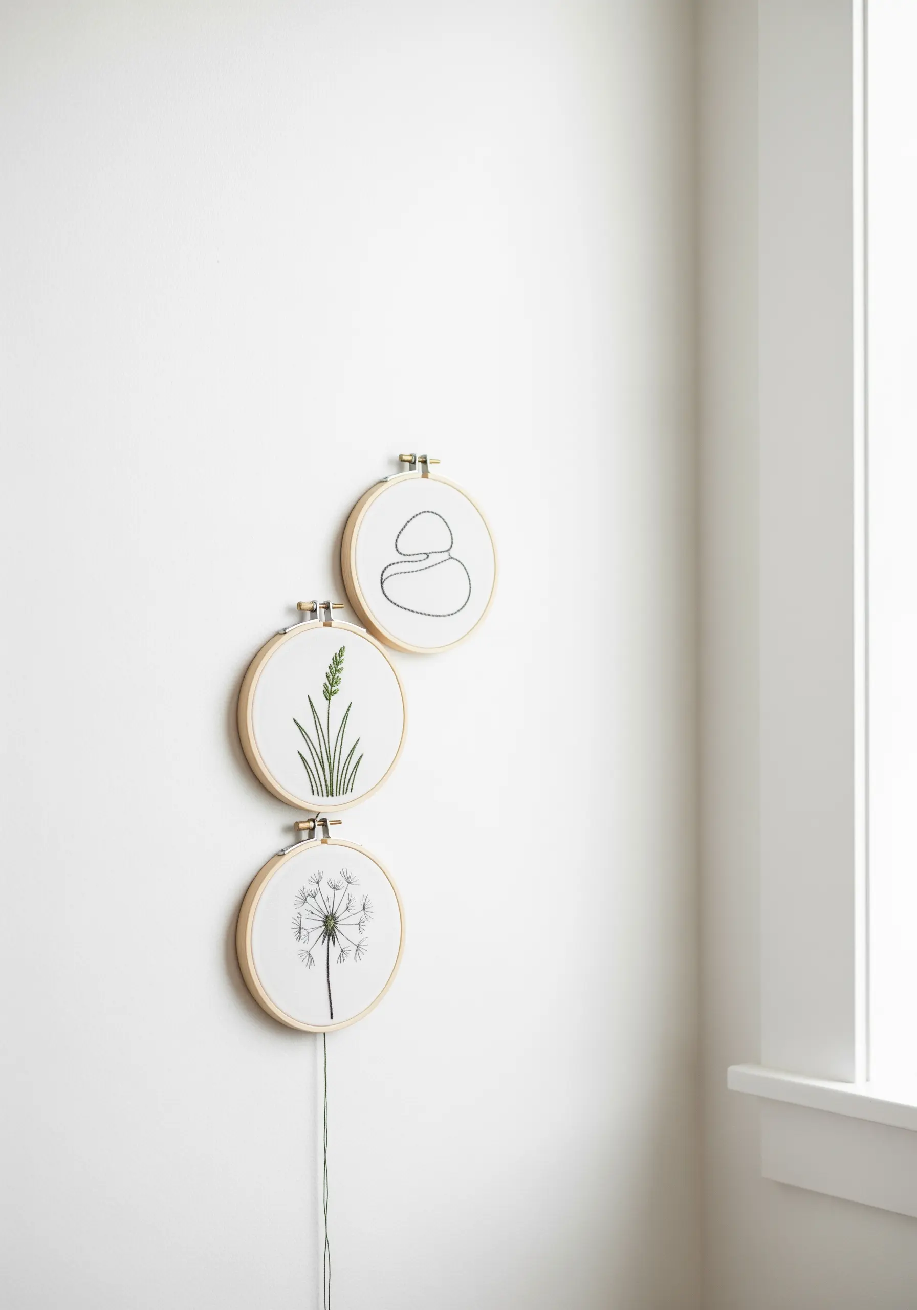 A trio of small embroidery hoops featuring stacked stones, grass, and a dandelion.