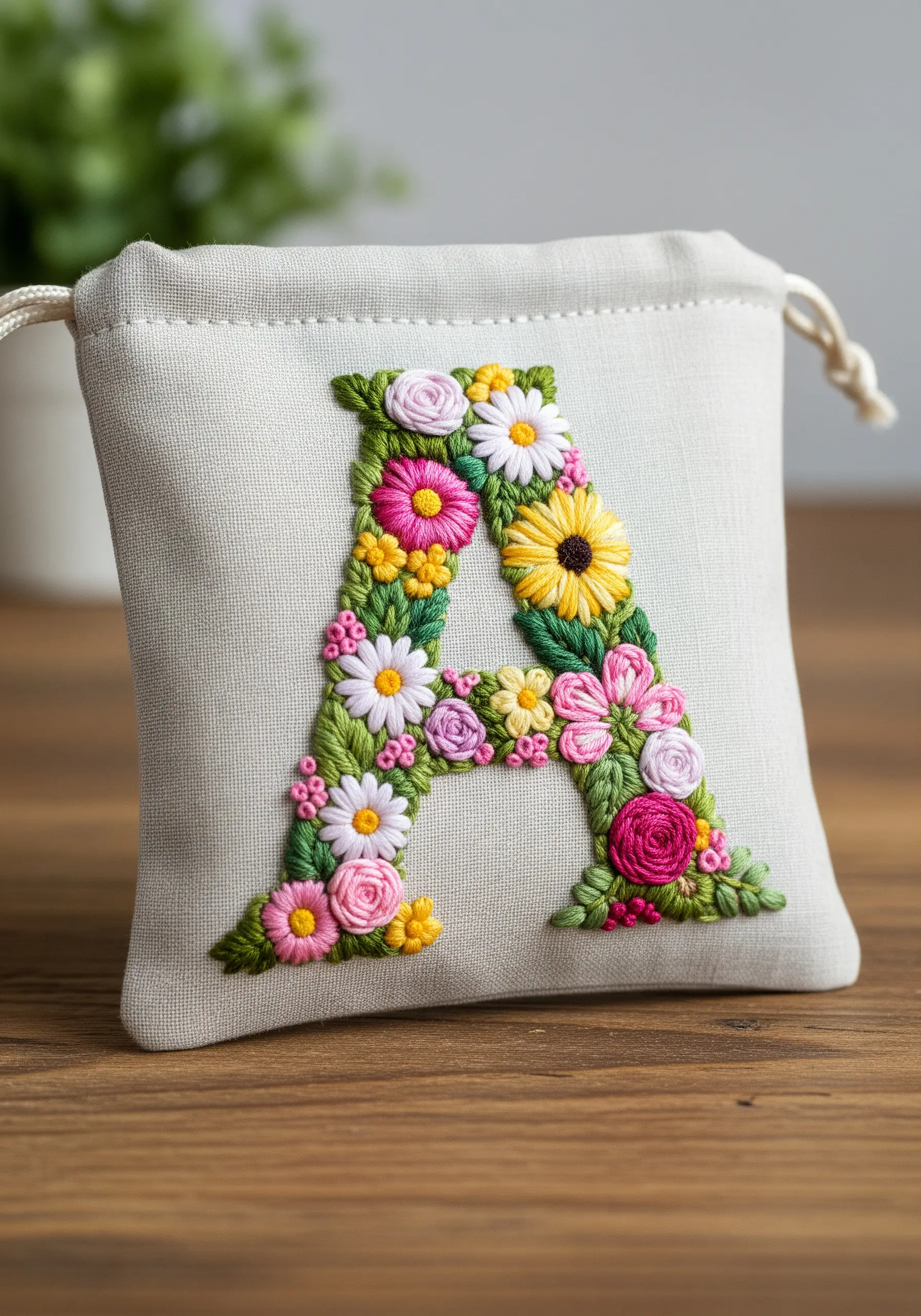 A drawstring pouch with a letter 'A' filled with dense floral embroidery.