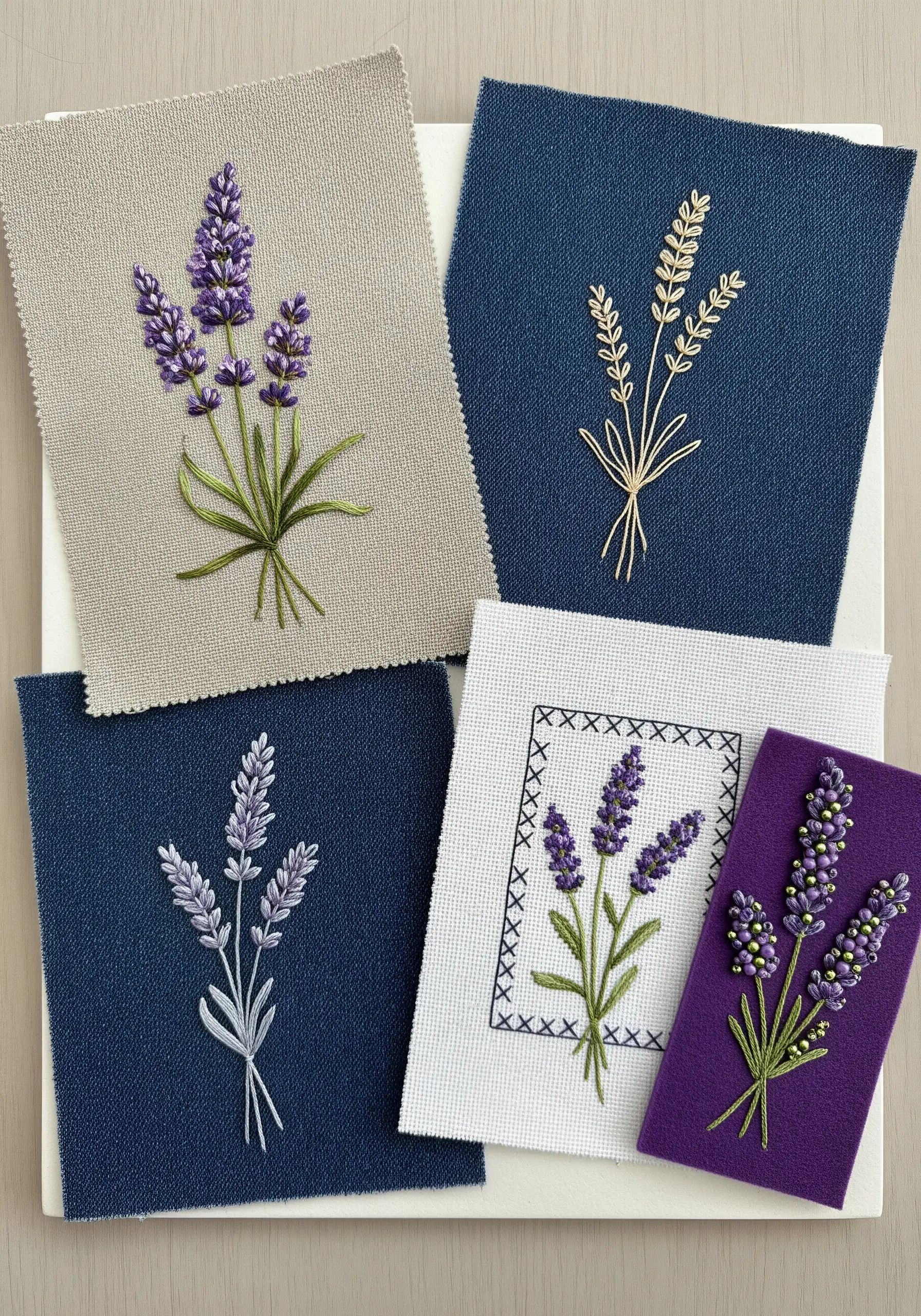 Four small fabric swatches, each showing a lavender sprig in a different embroidery style.