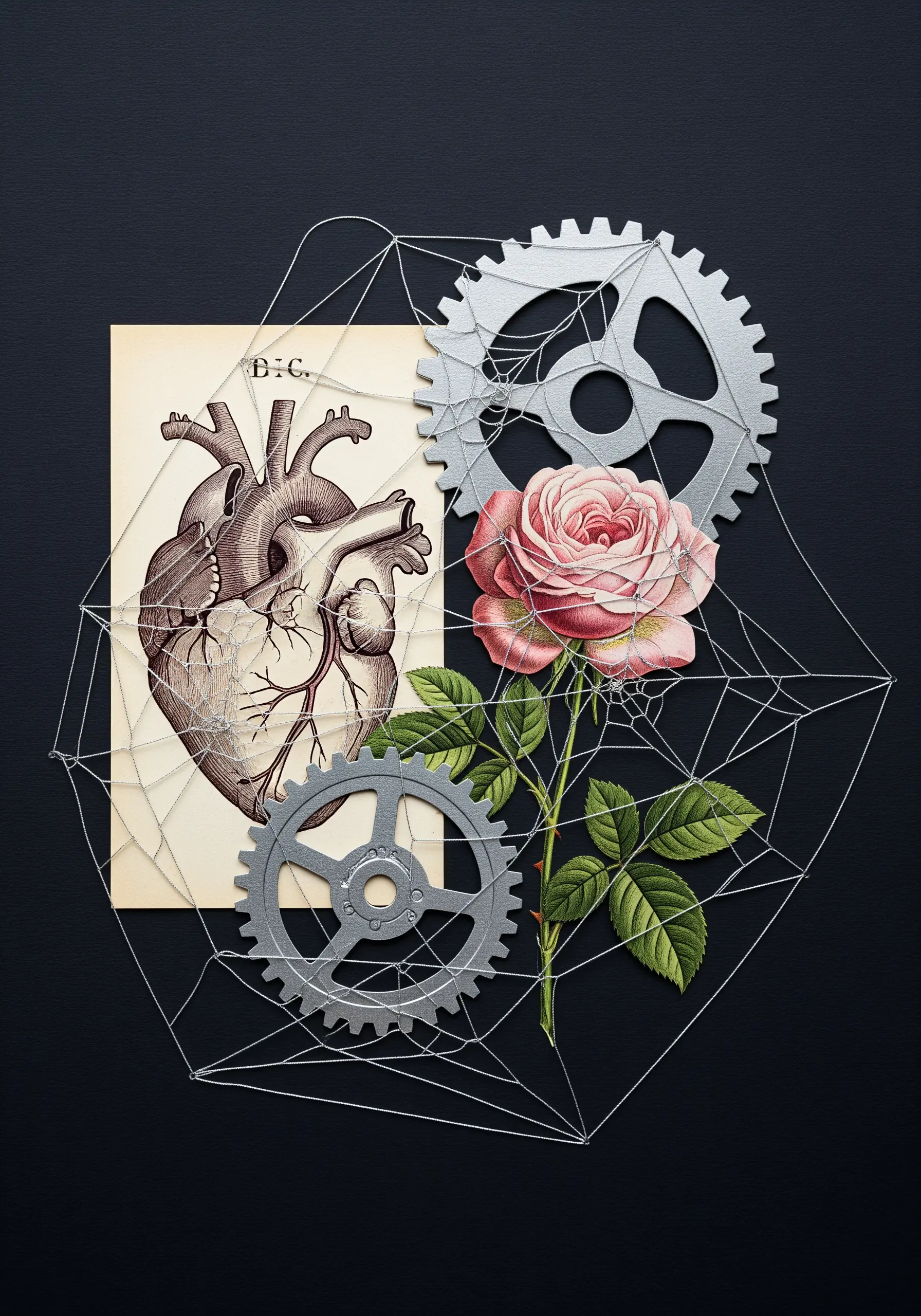 A collage of a heart, rose, and gears connected by a web of fine white thread.