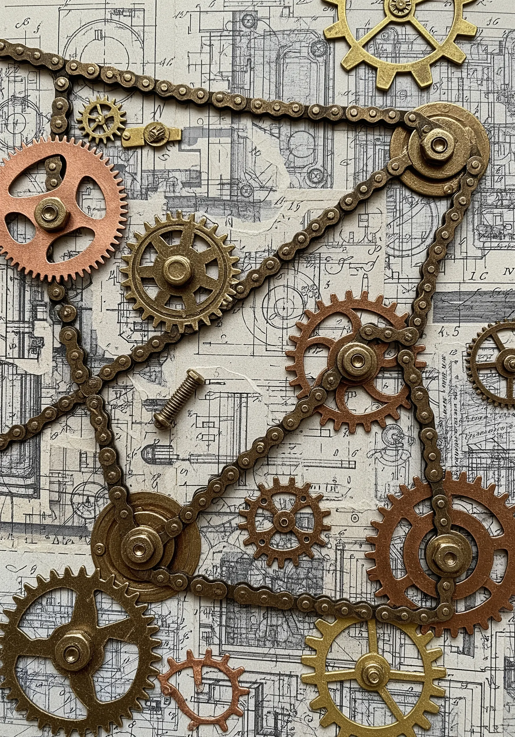 A steampunk-themed collage of metal gears and sprockets on top of a blueprint background.