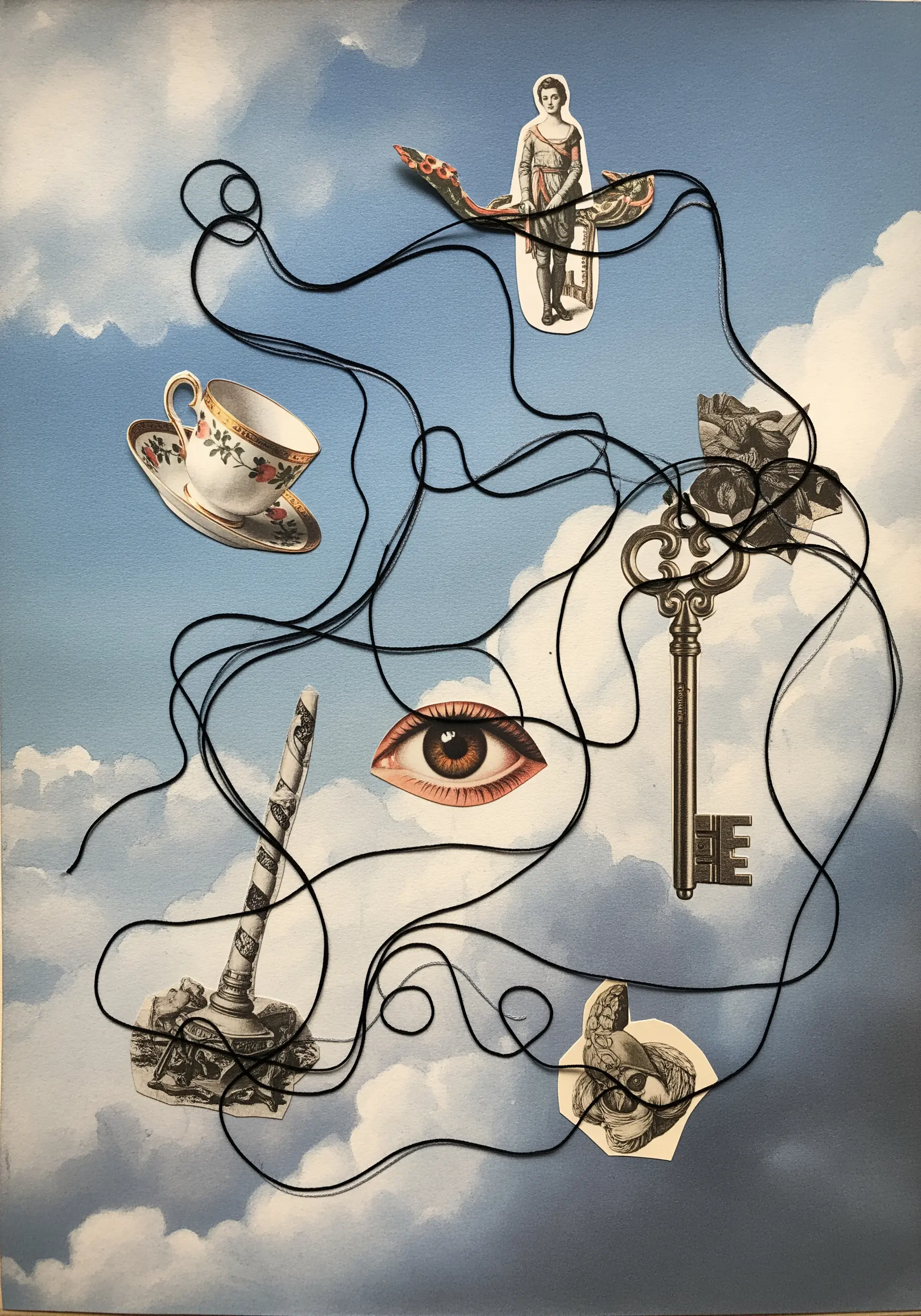 Surrealist collage of paper cutouts connected by a long, meandering black thread.