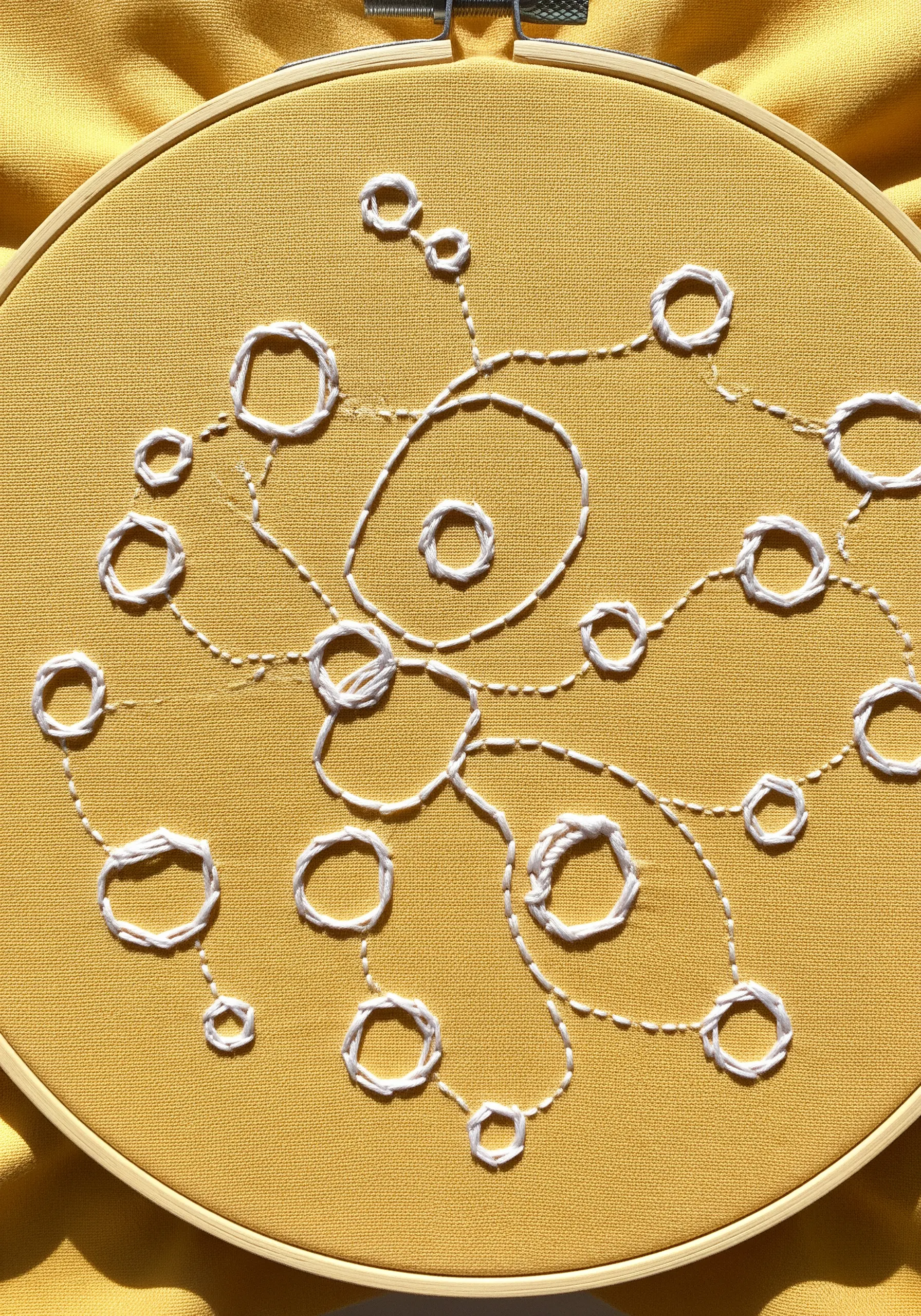 Whipped backstitch circles connected by running stitches in white thread on yellow fabric.