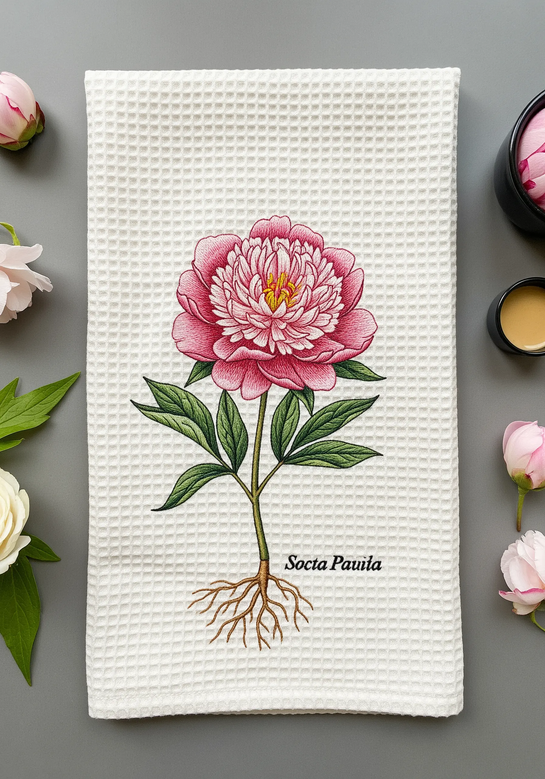 A botanical-style pink peony embroidered on a white waffle-weave kitchen towel.