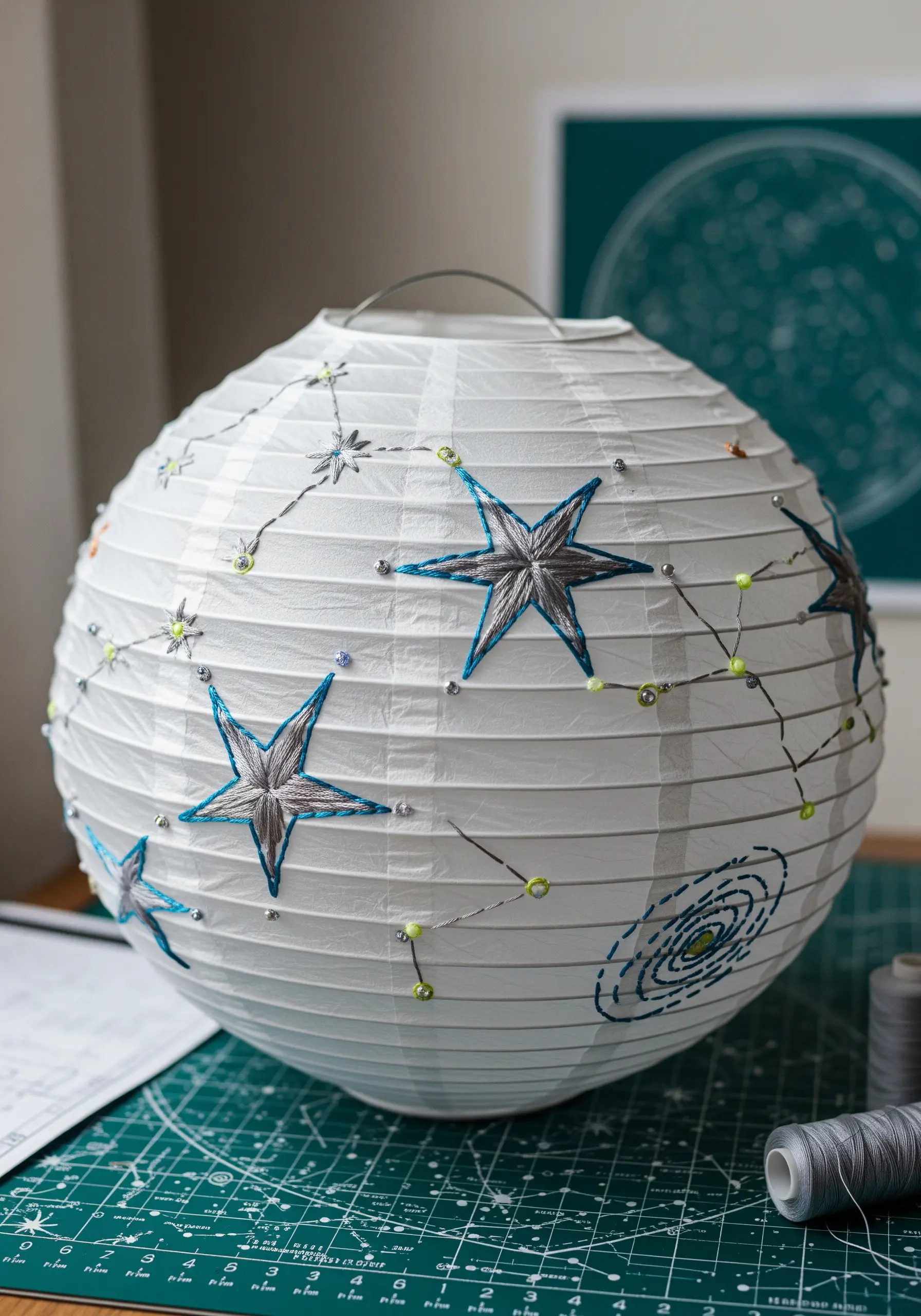 A white paper lantern embellished with stitched star constellations in blue and silver thread.