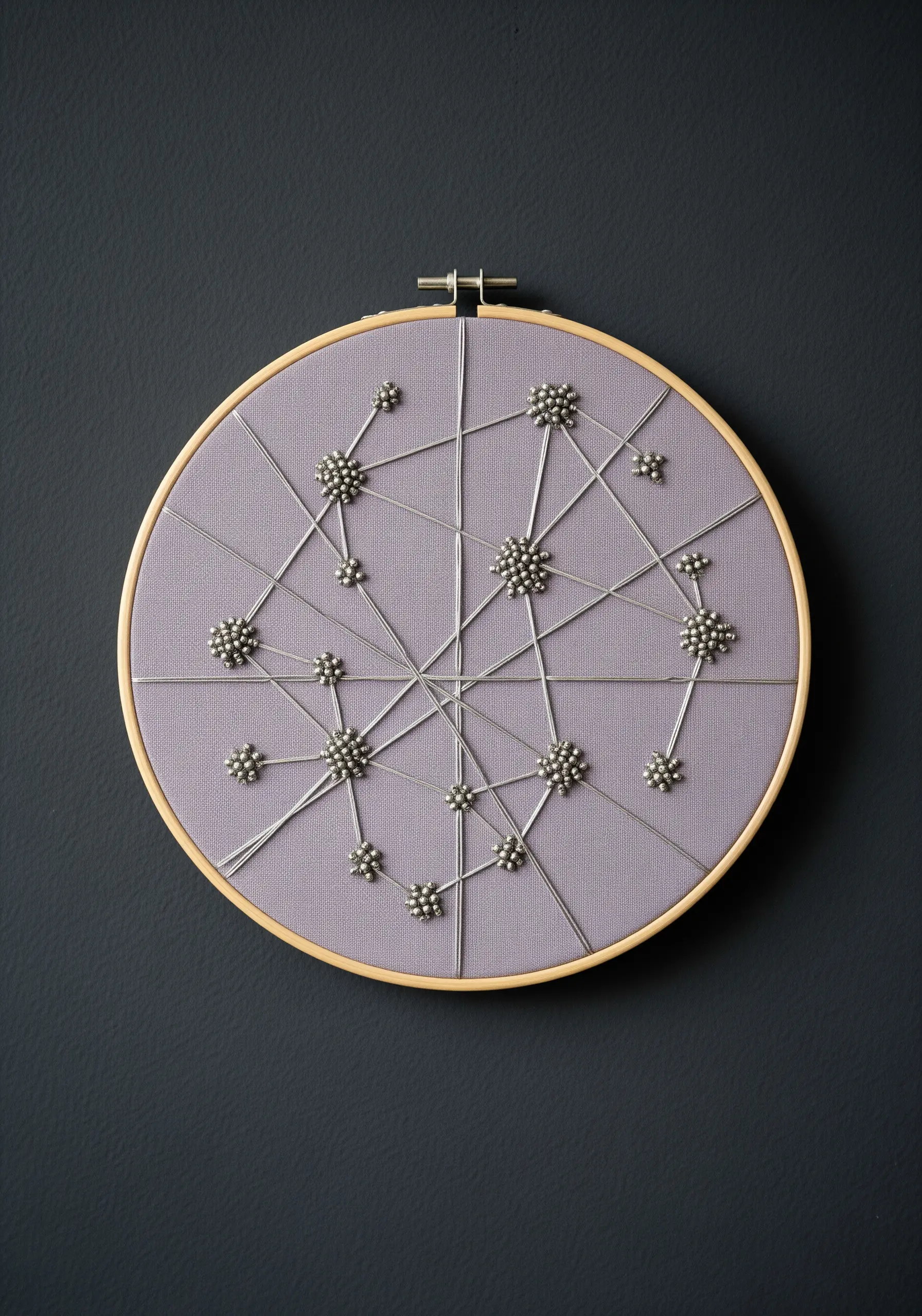 An abstract constellation map embroidered with silver thread and beaded clusters on lavender fabric.