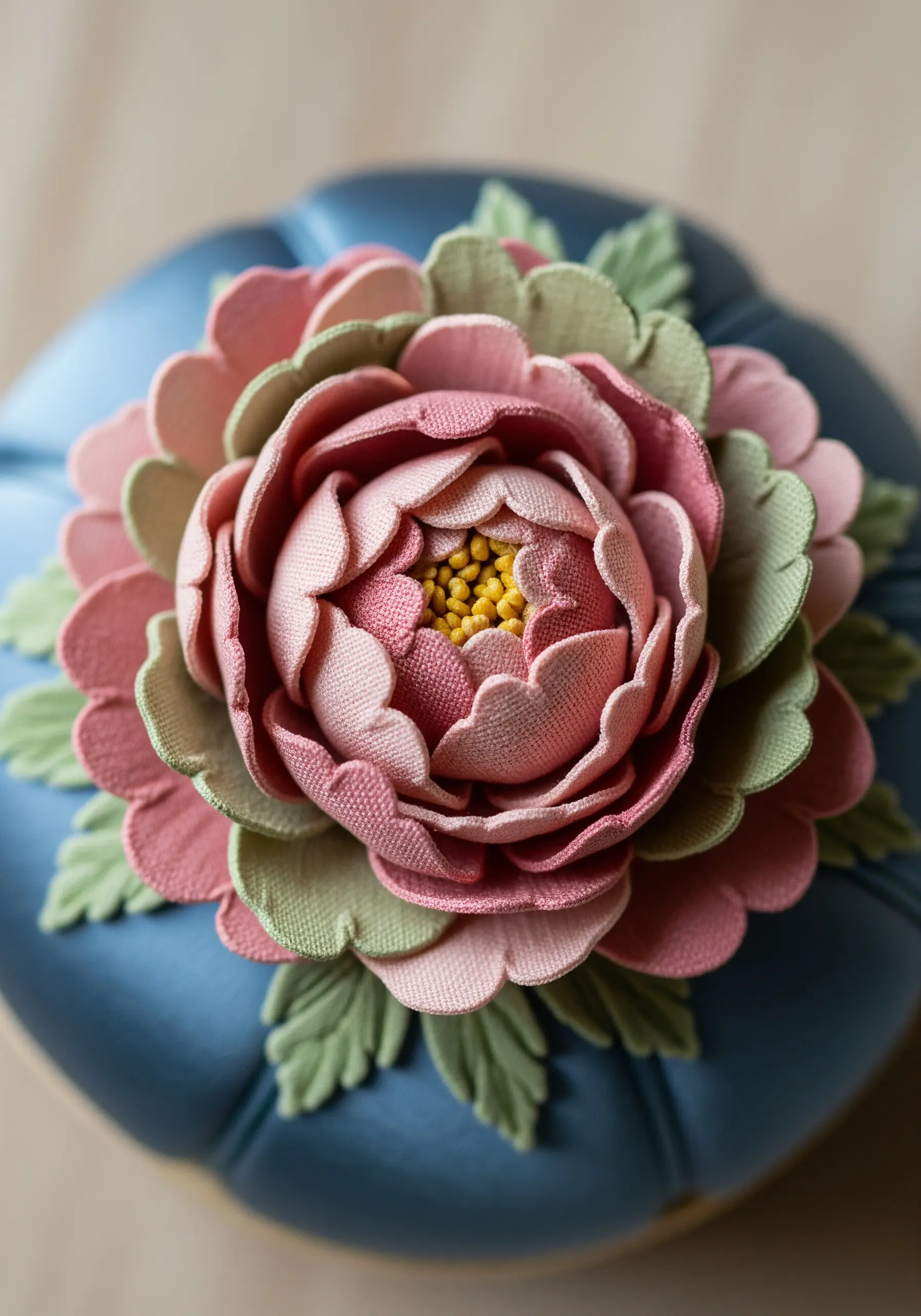 A three-dimensional peony made from layered and folded pieces of pink and green fabric.