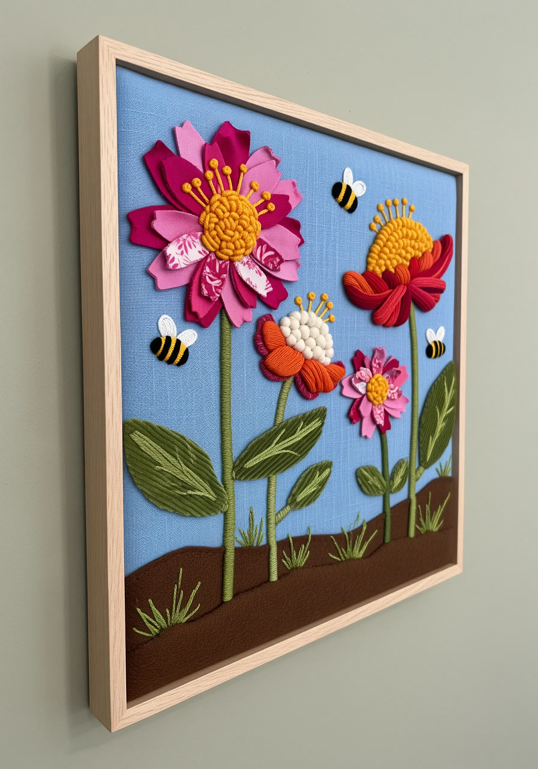 Framed fabric collage with three-dimensional flowers made from layered fabric petals