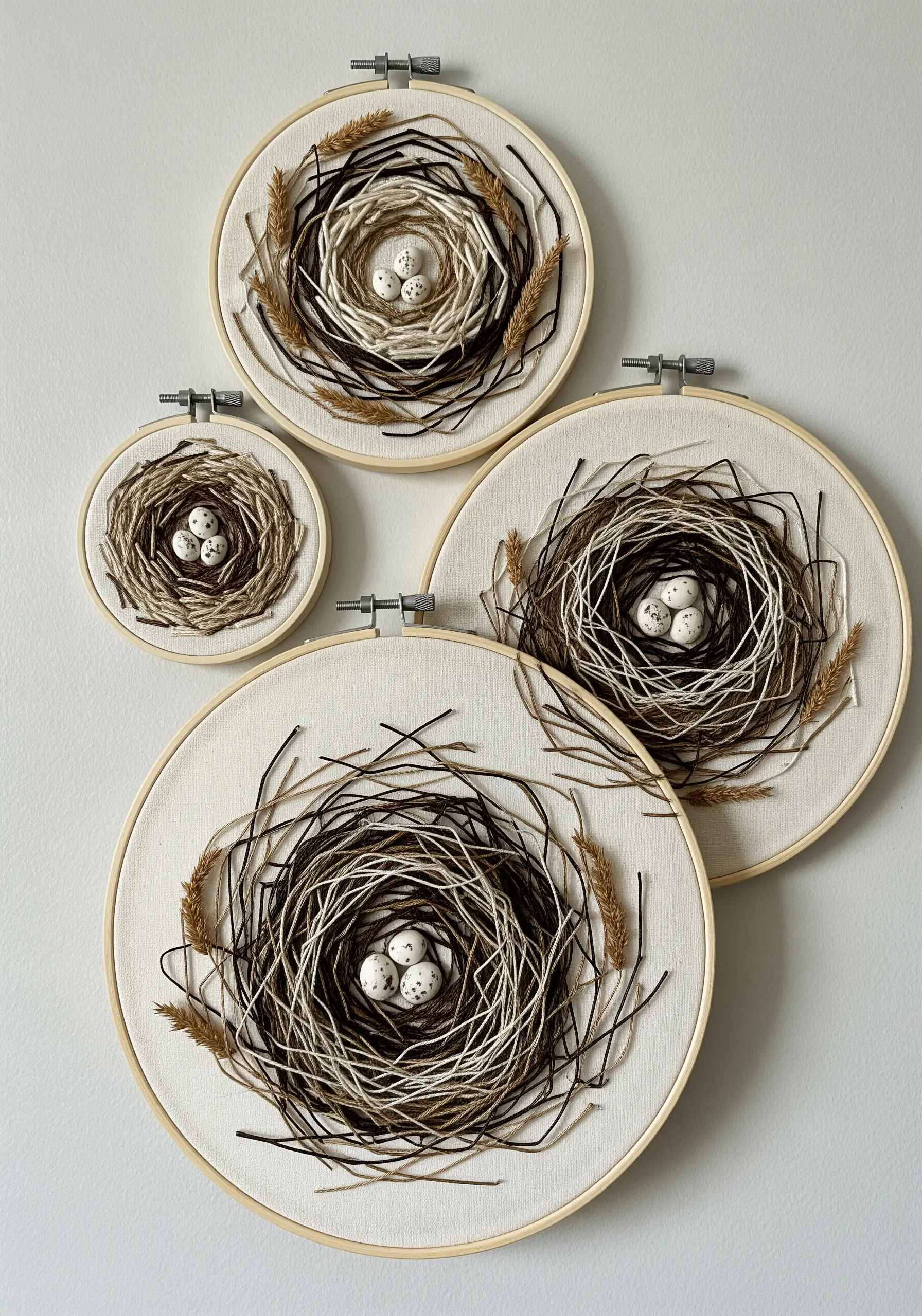 A collection of hoop art pieces featuring 3D bird nests made with layered thread.