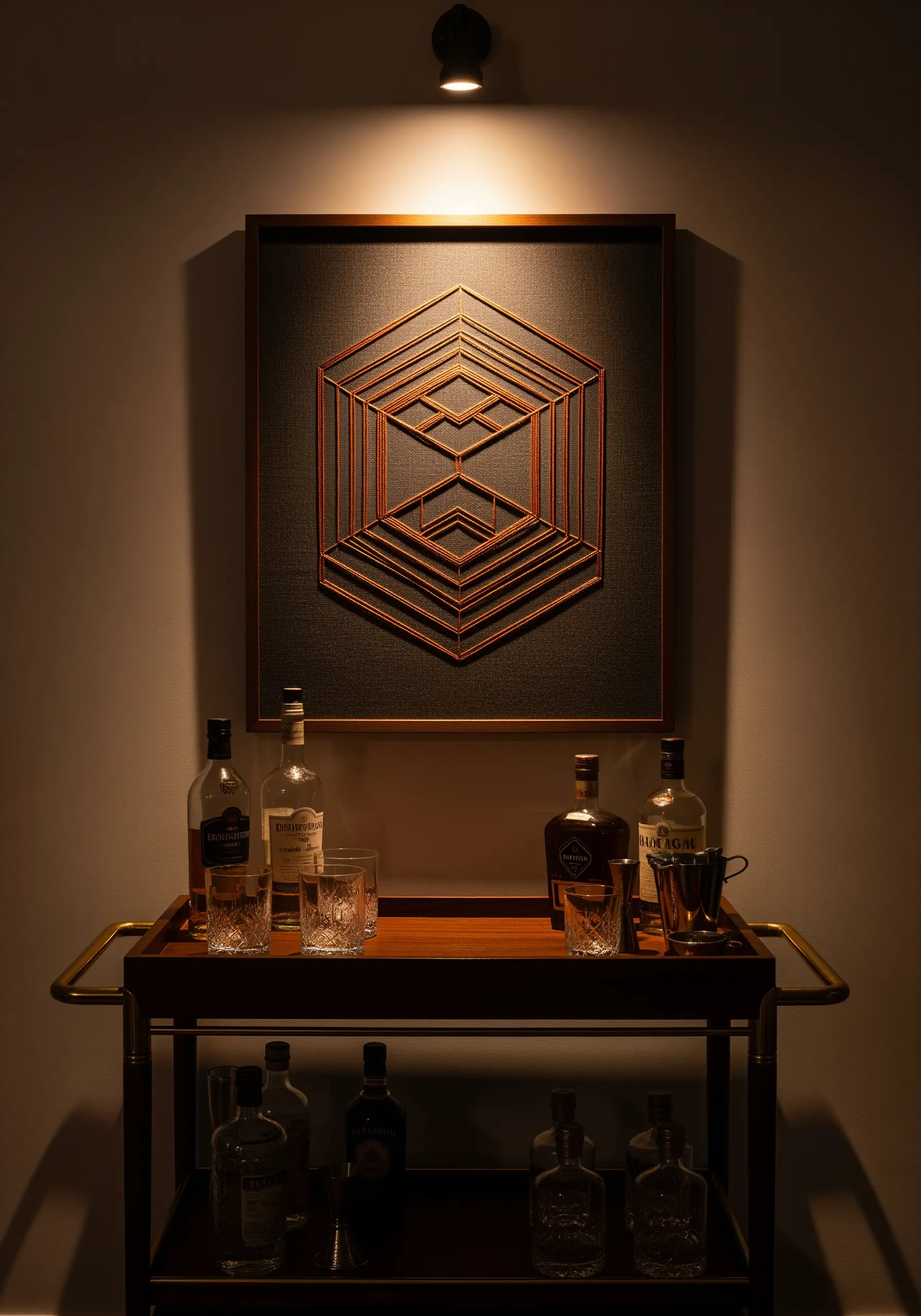 A 3D geometric cube made with string art techniques on a dark canvas.