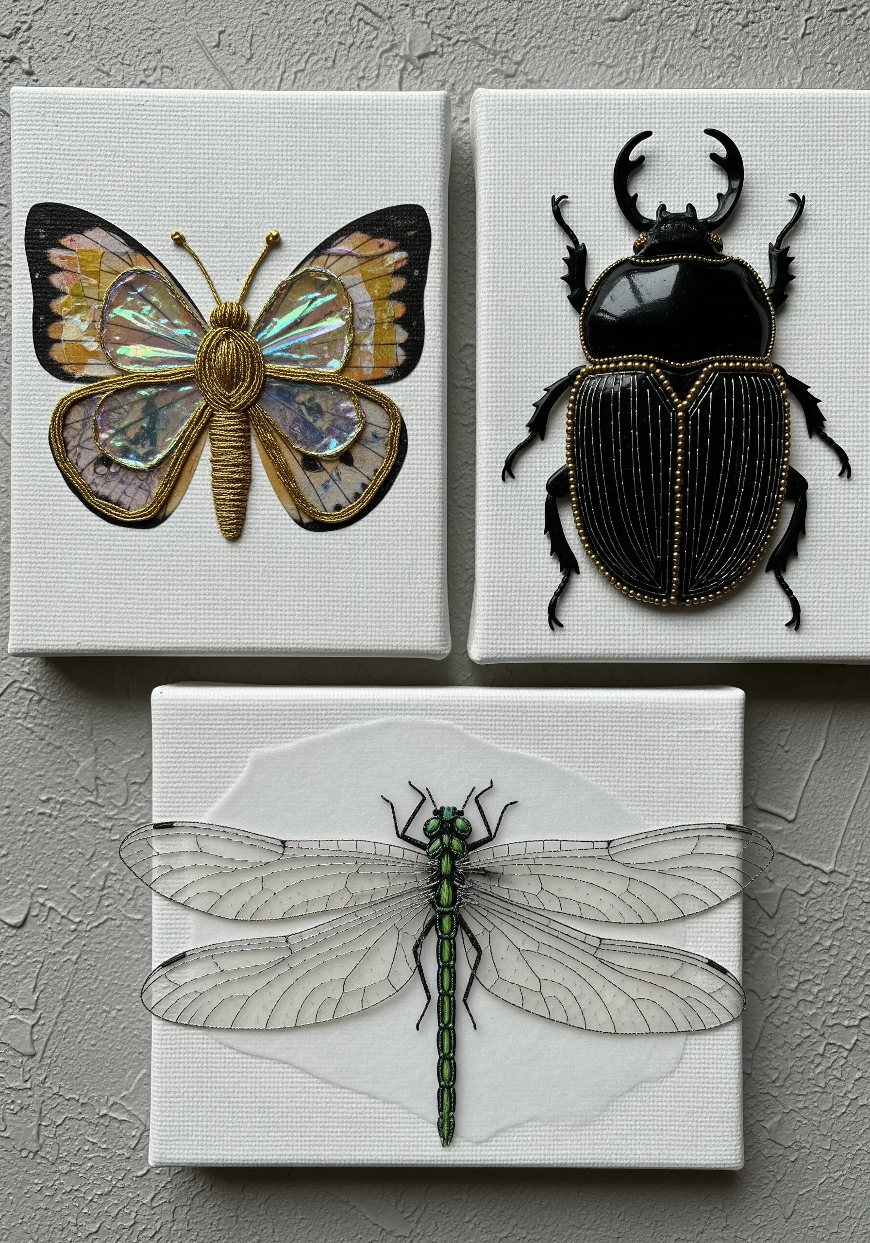 Three mini canvases featuring dimensional insects made from paper, thread, and beads.
