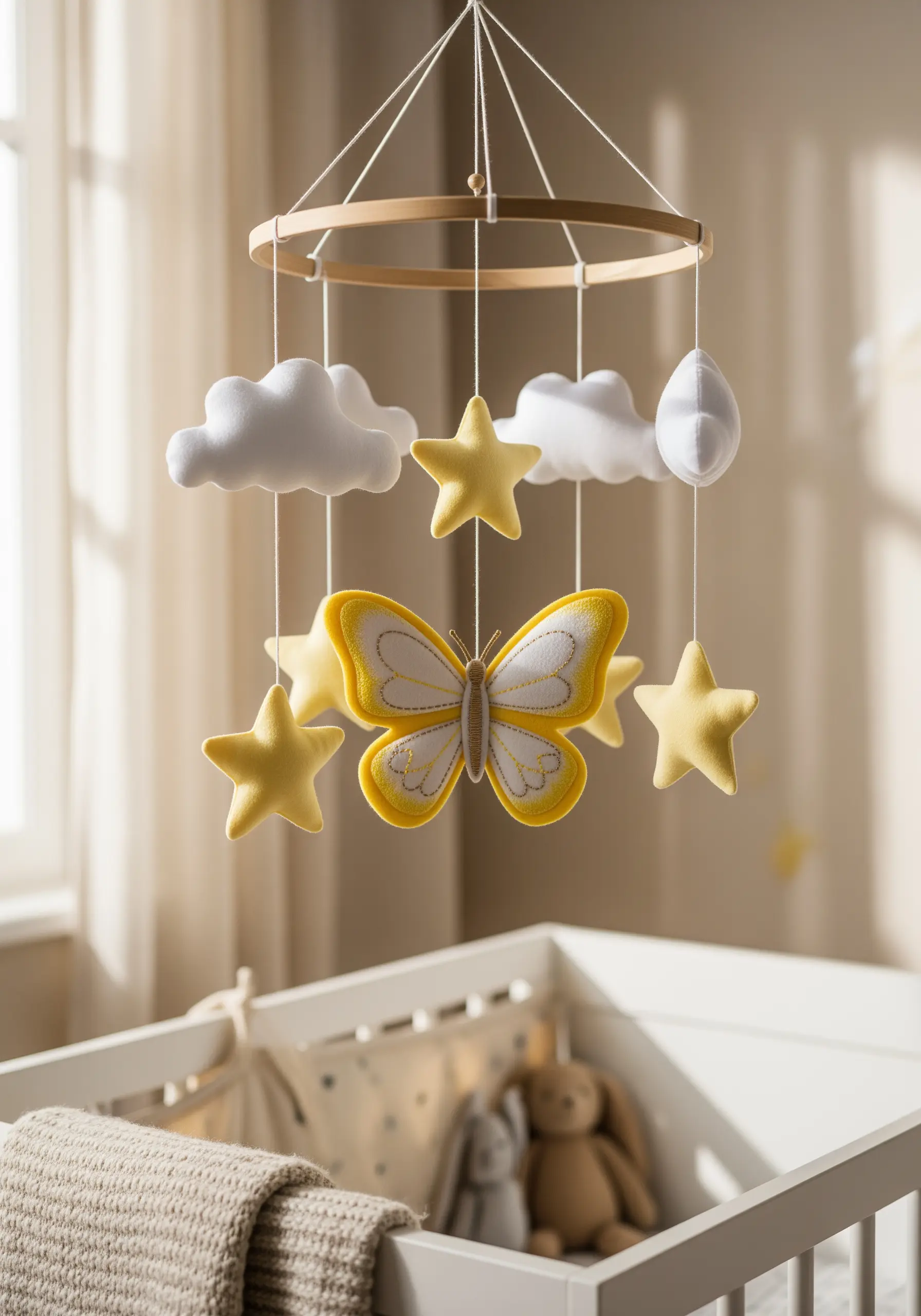 A baby mobile with a soft, 3D embroidered yellow and white butterfly.