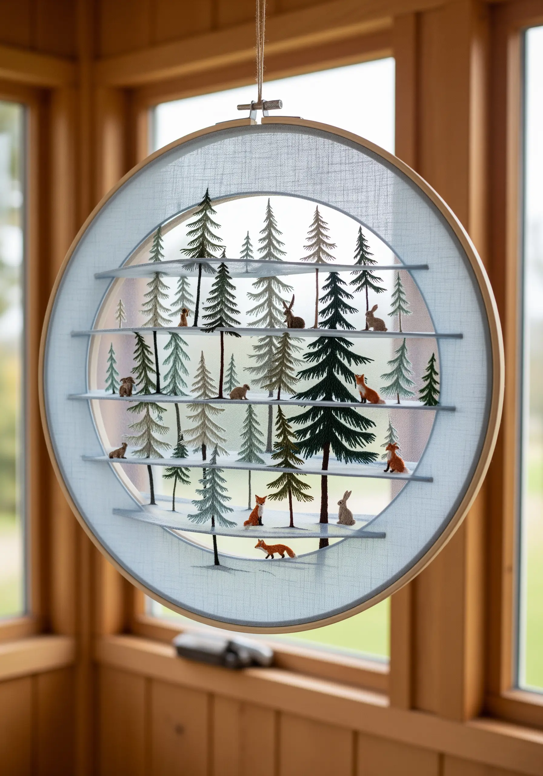 A multi-layered embroidery hoop depicting a forest scene with animals, creating a 3D diorama effect.