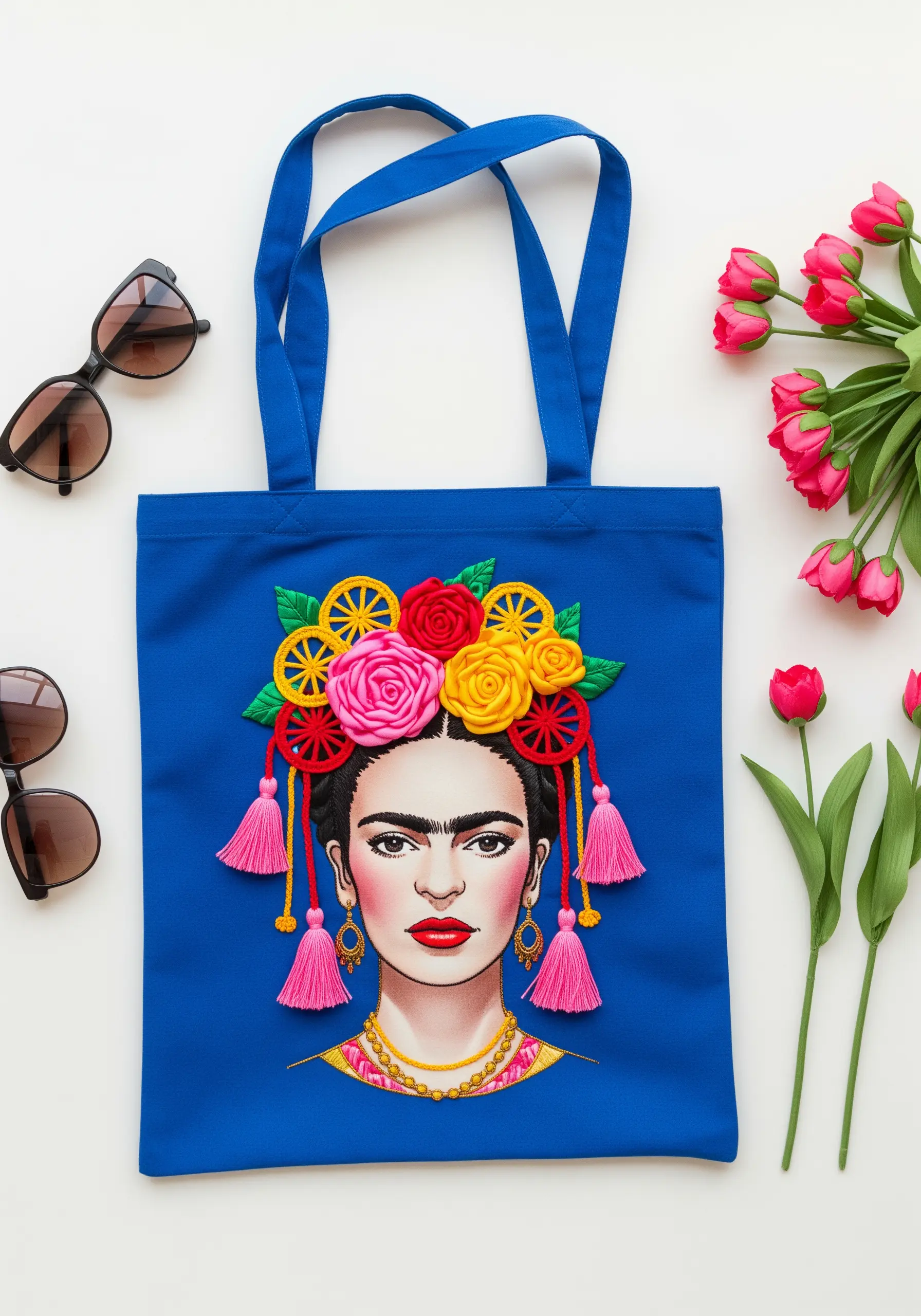 A portrait of Frida Kahlo with 3D woven wheel roses and tassels in her hair