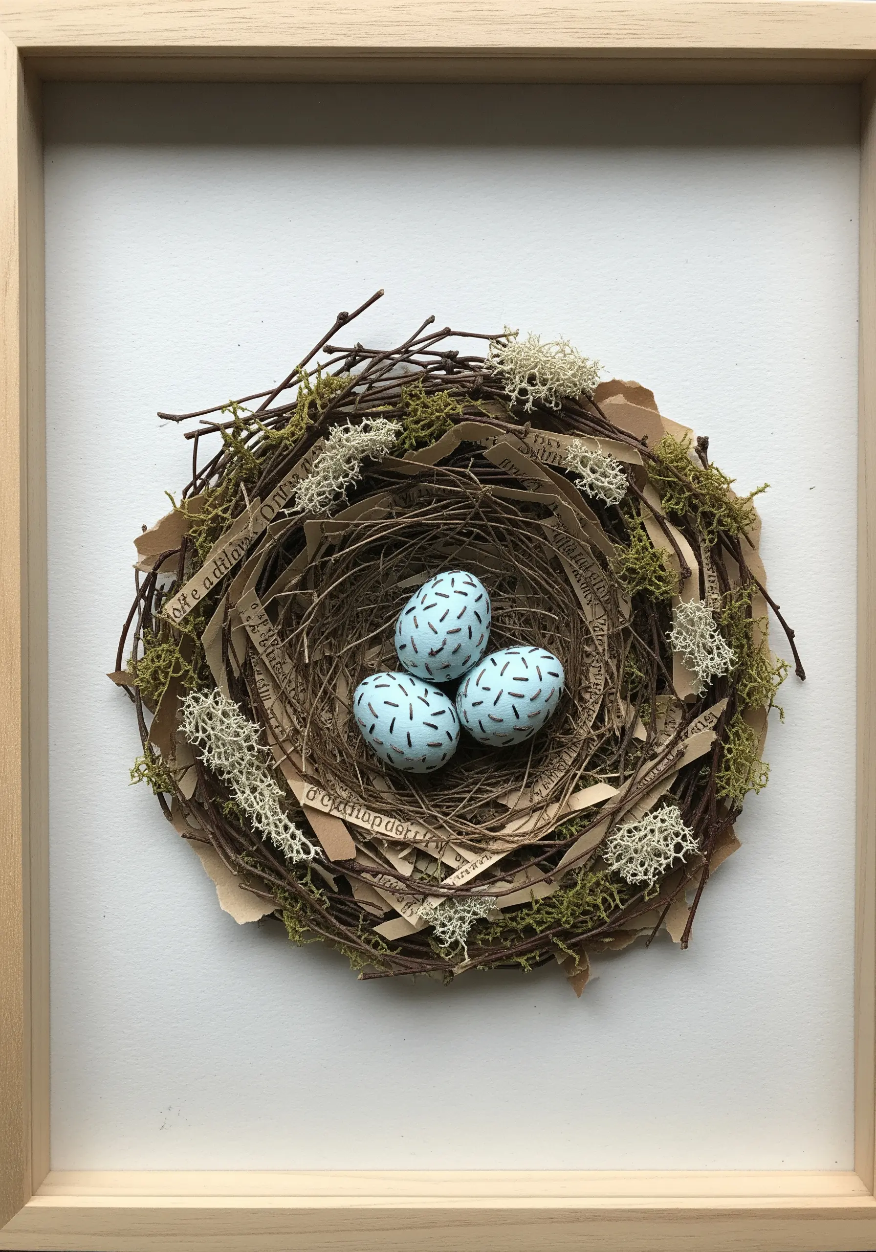 A 3D bird's nest made from twigs, shredded paper, and moss inside a shadow box frame.