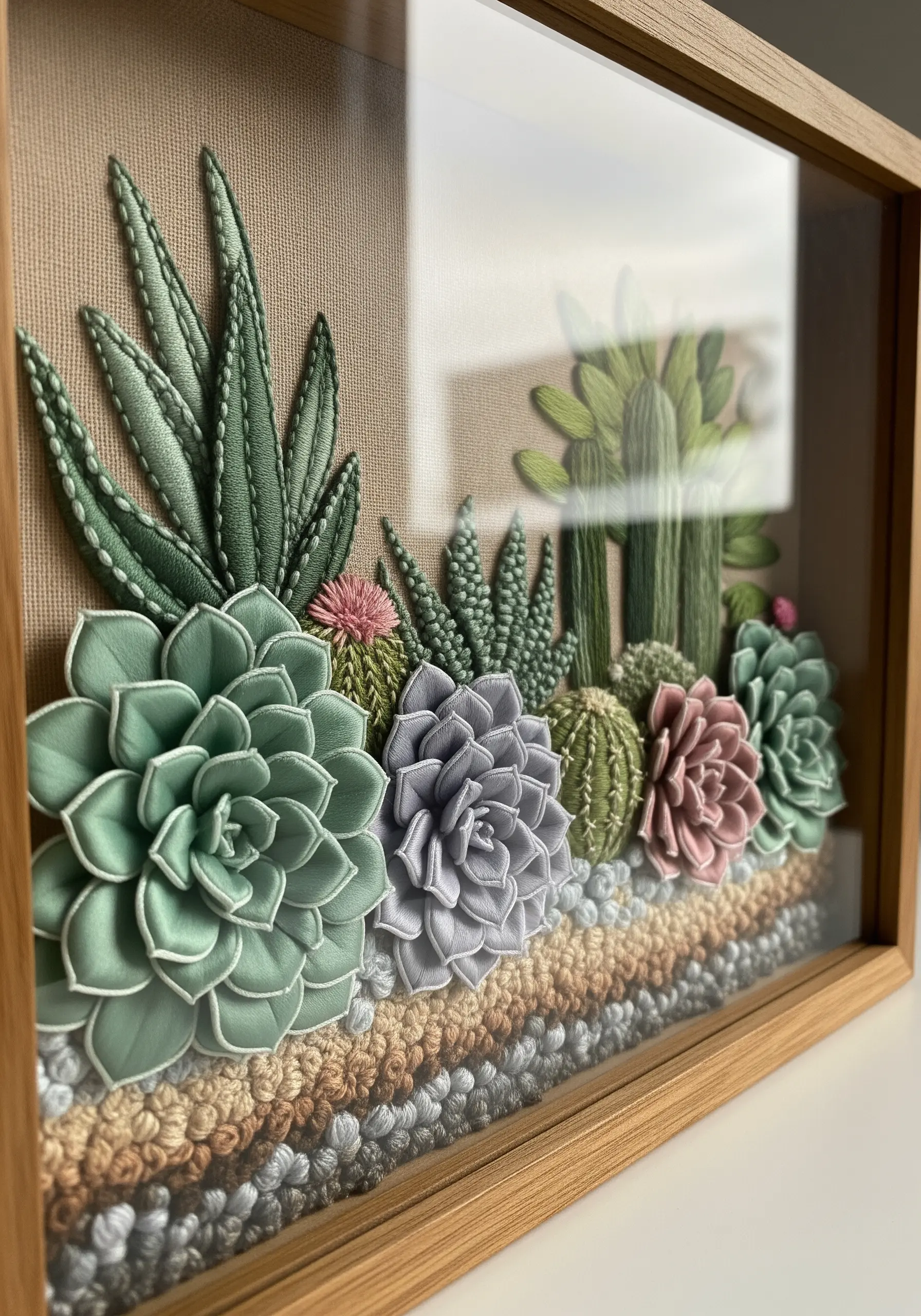 A shadow box filled with 3D embroidered succulents in various shapes and soft colors.