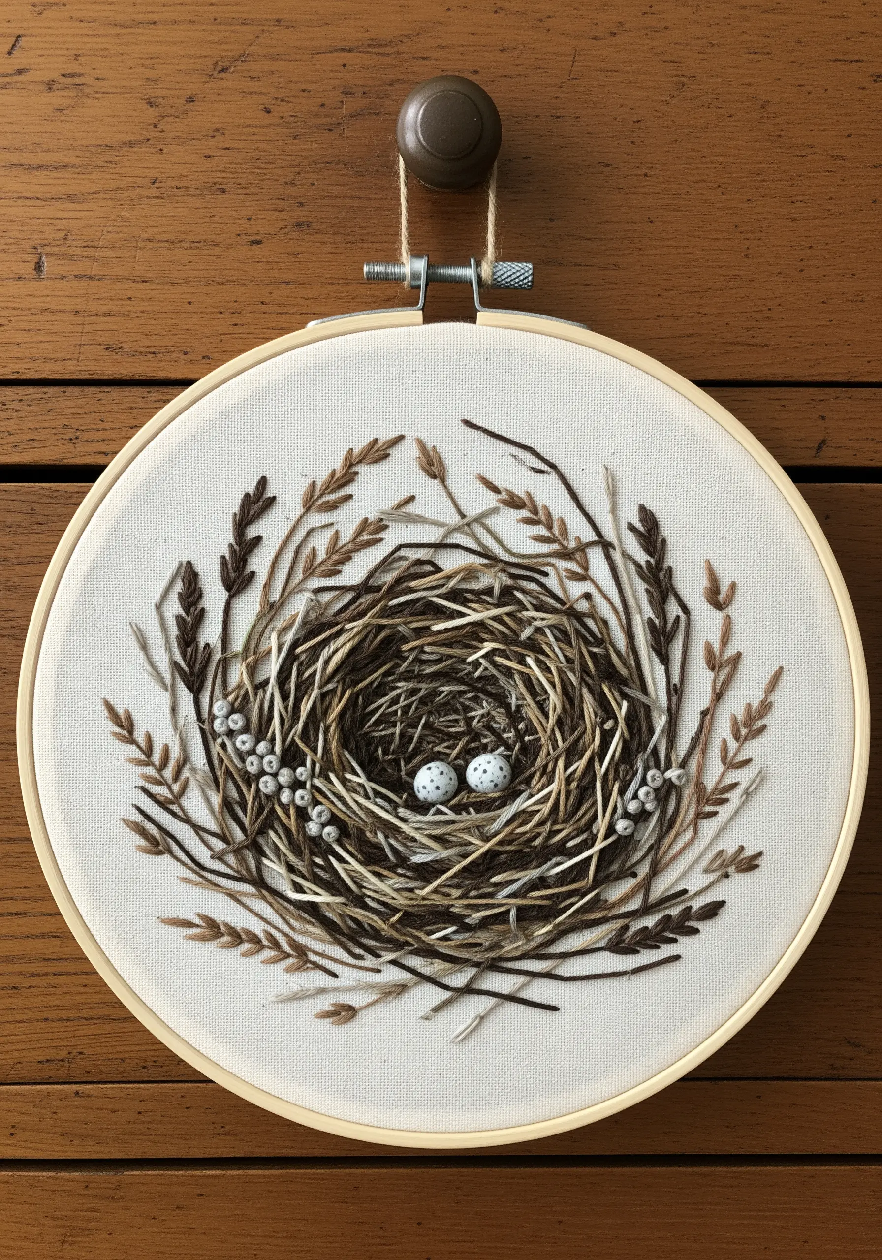 Embroidered bird's nest with two small eggs, created with layered straight stitches
