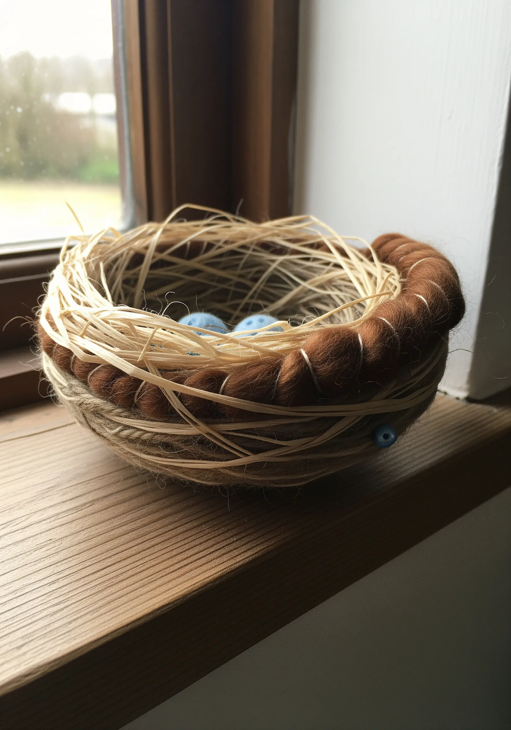 A three-dimensional bird's nest crafted from coiled twine, raffia, and brown wool roving.