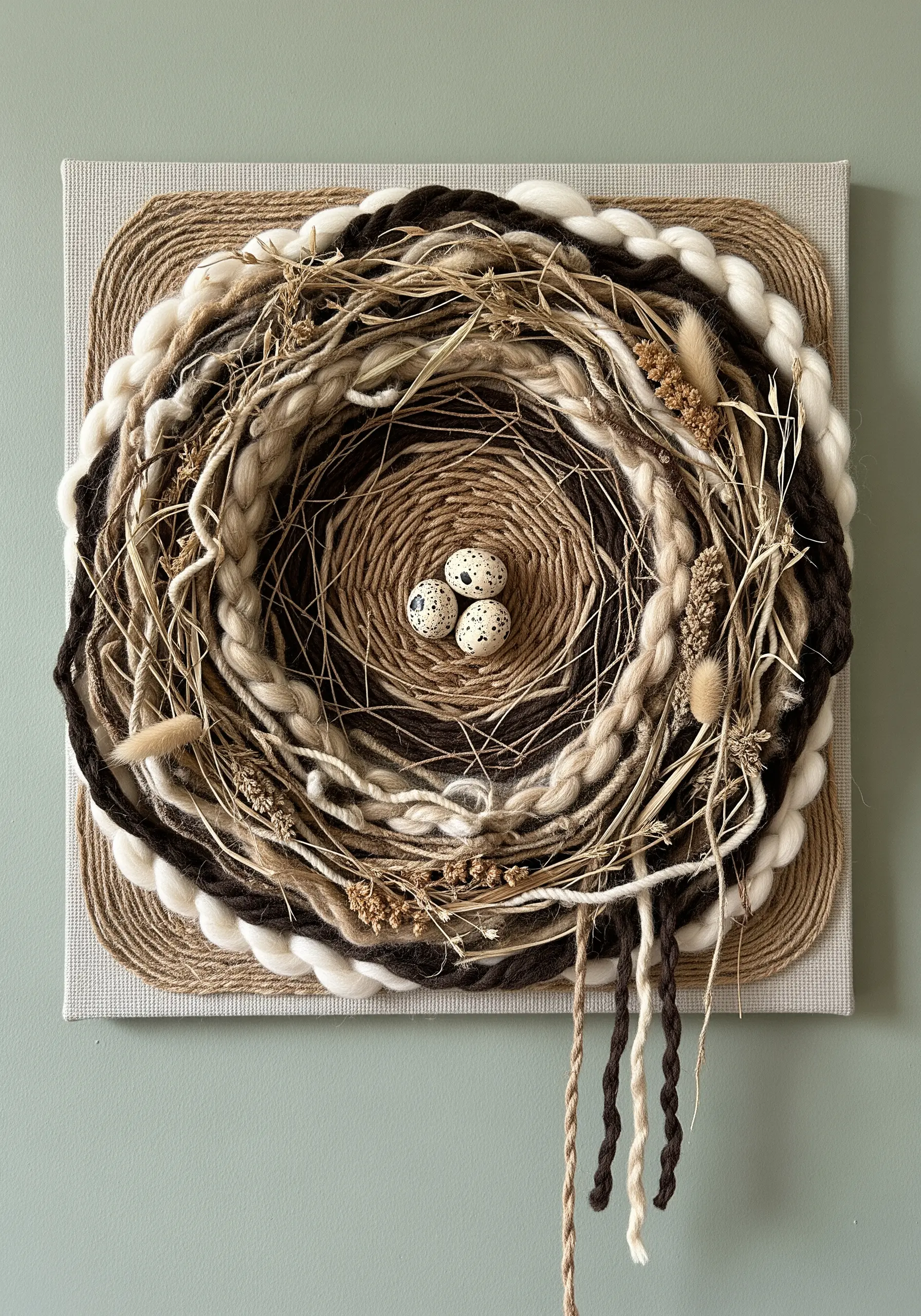 A mixed-media fiber art piece of a bird's nest using yarn, twine, and dried botanicals.