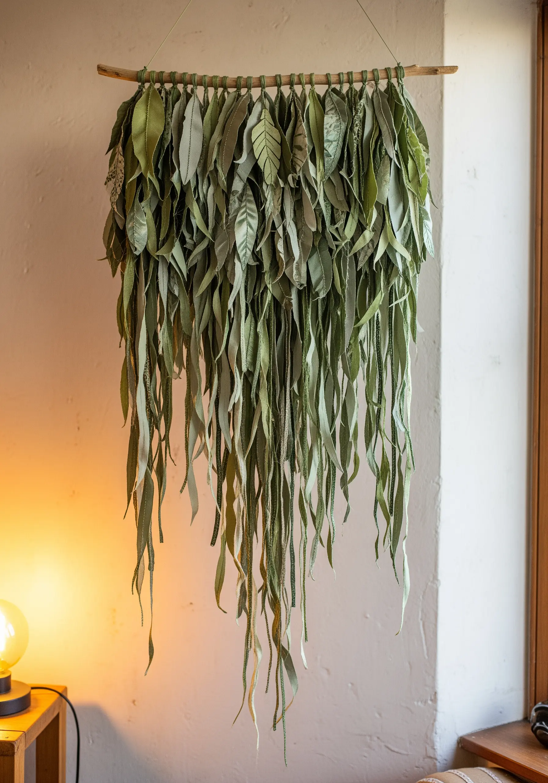 A wall hanging made of layered green fabric leaves stitched with veins, cascading from a branch.