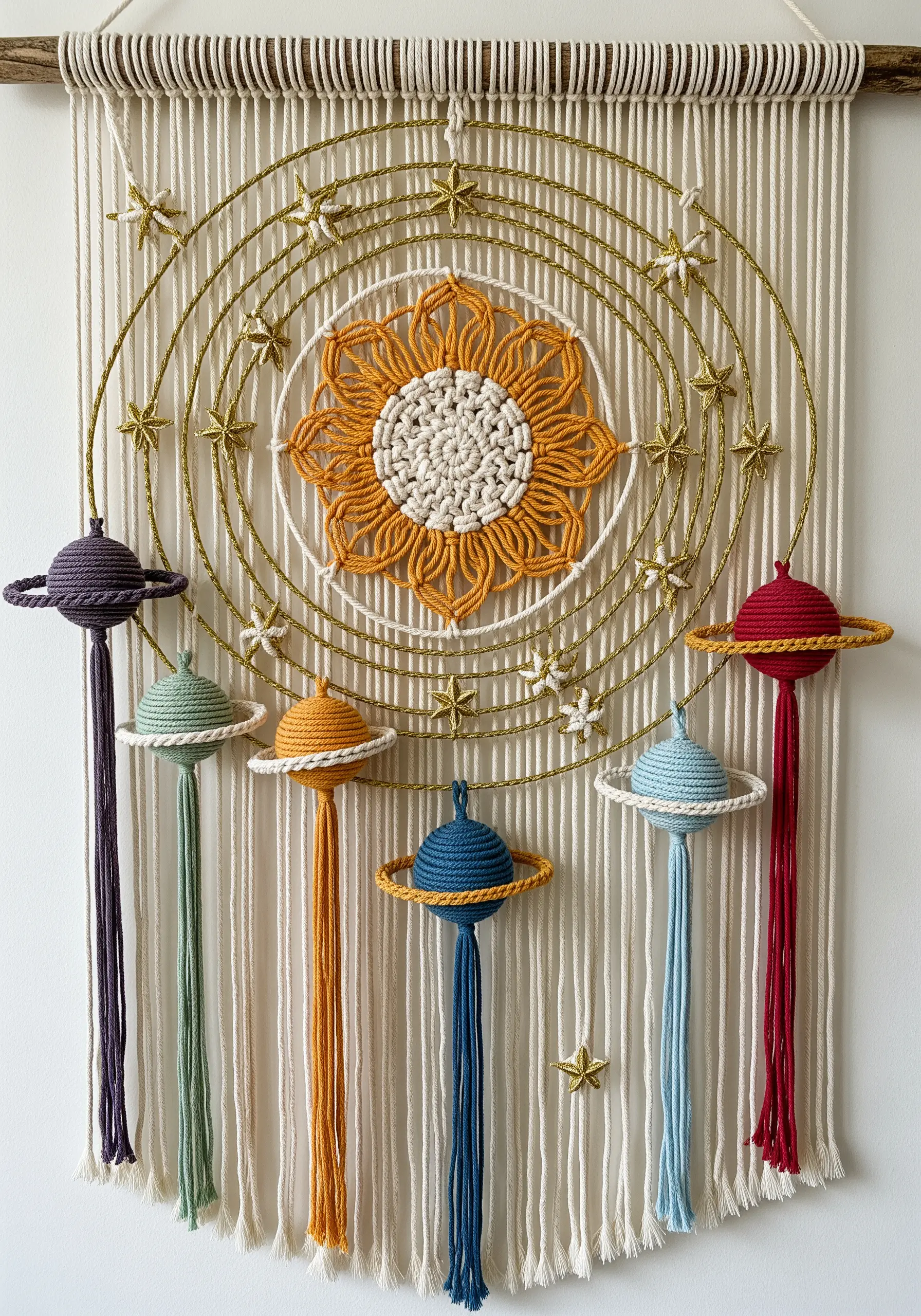 A celestial mobile with a macrame sun and yarn-wrapped planets hanging from wires.