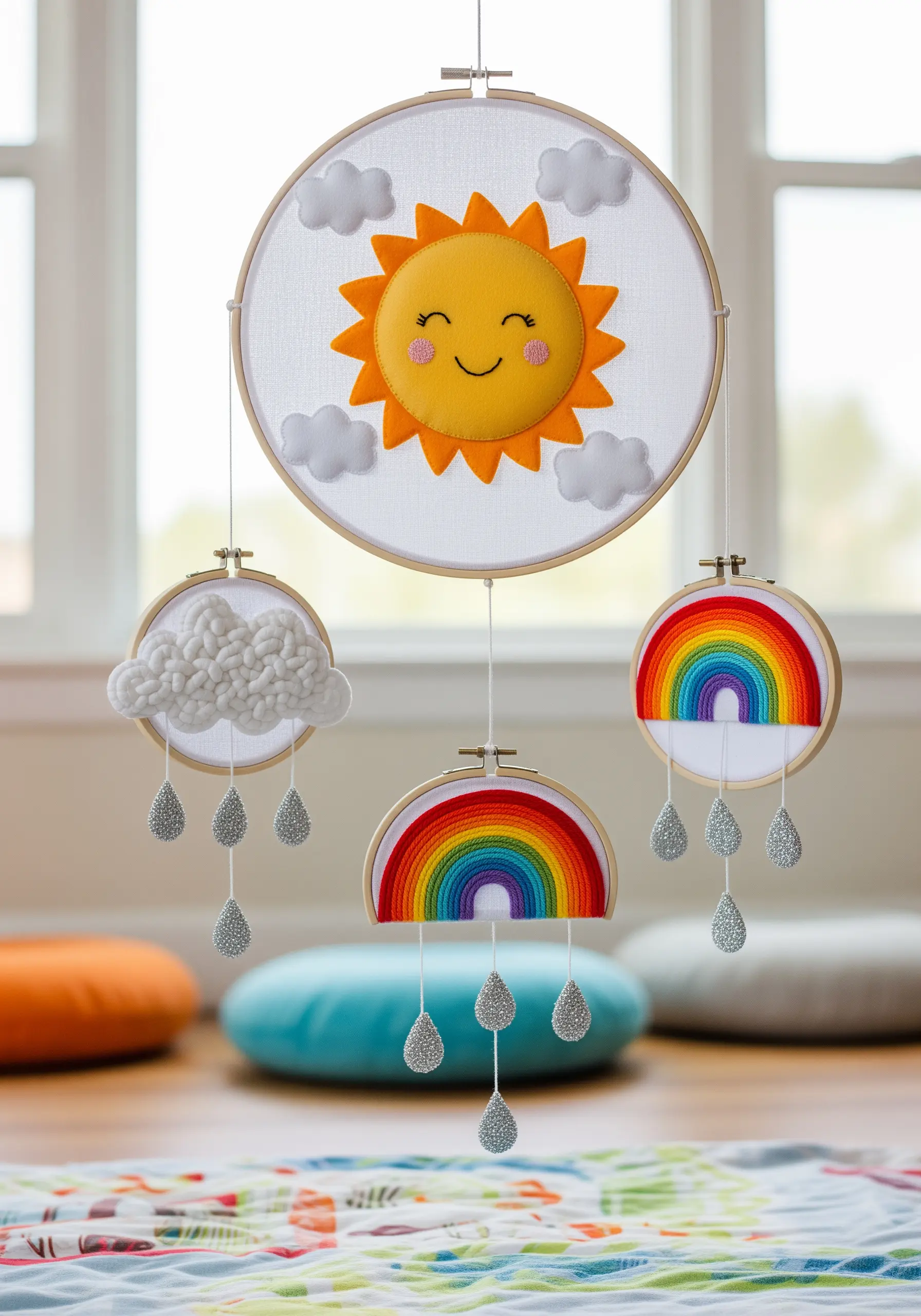 A nursery mobile made from embroidery hoops with a felt sun, yarn clouds, and rainbows.