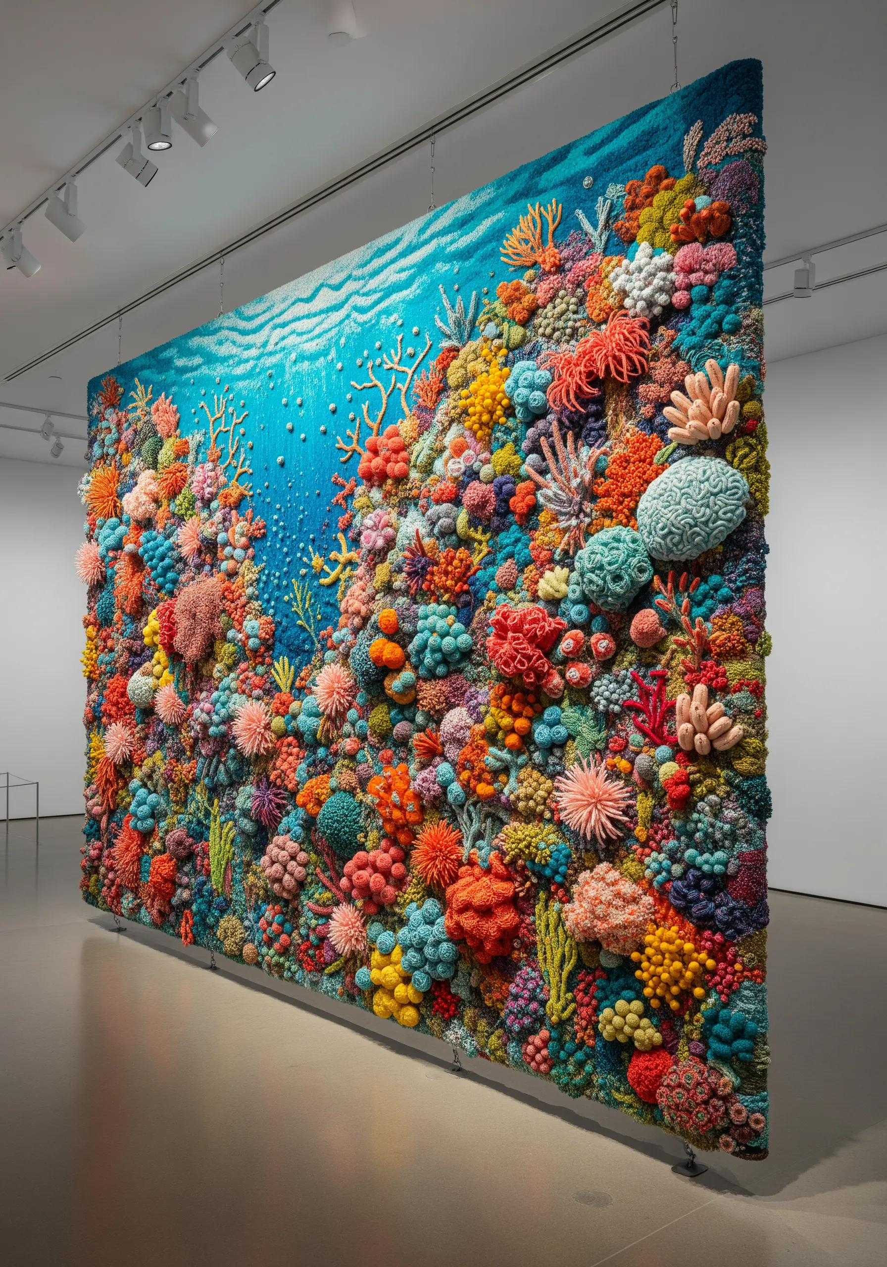 A large, vibrant wall tapestry of a coral reef, filled with colorful 3D embroidered and crocheted textures.