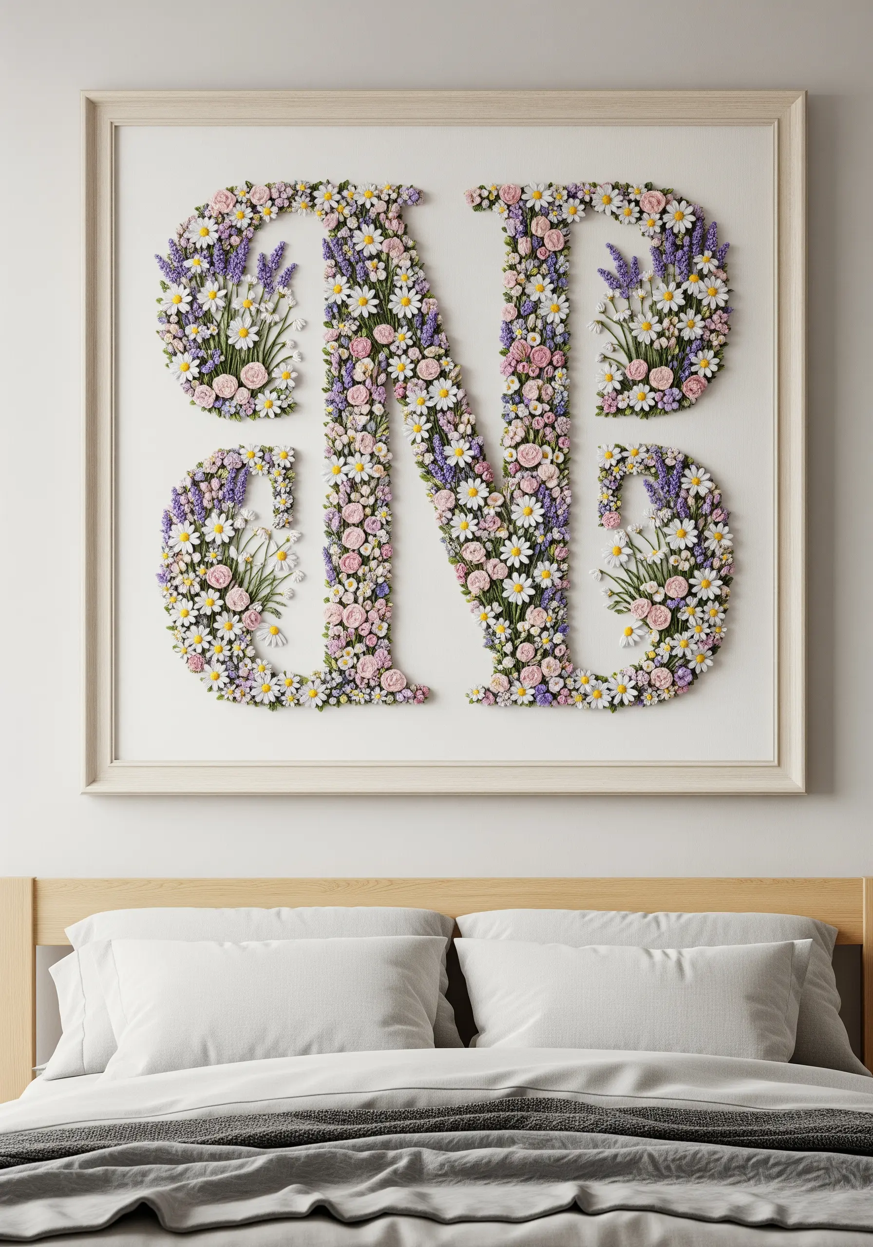 A large monogram made entirely of small, textured embroidered flowers and leaves.
