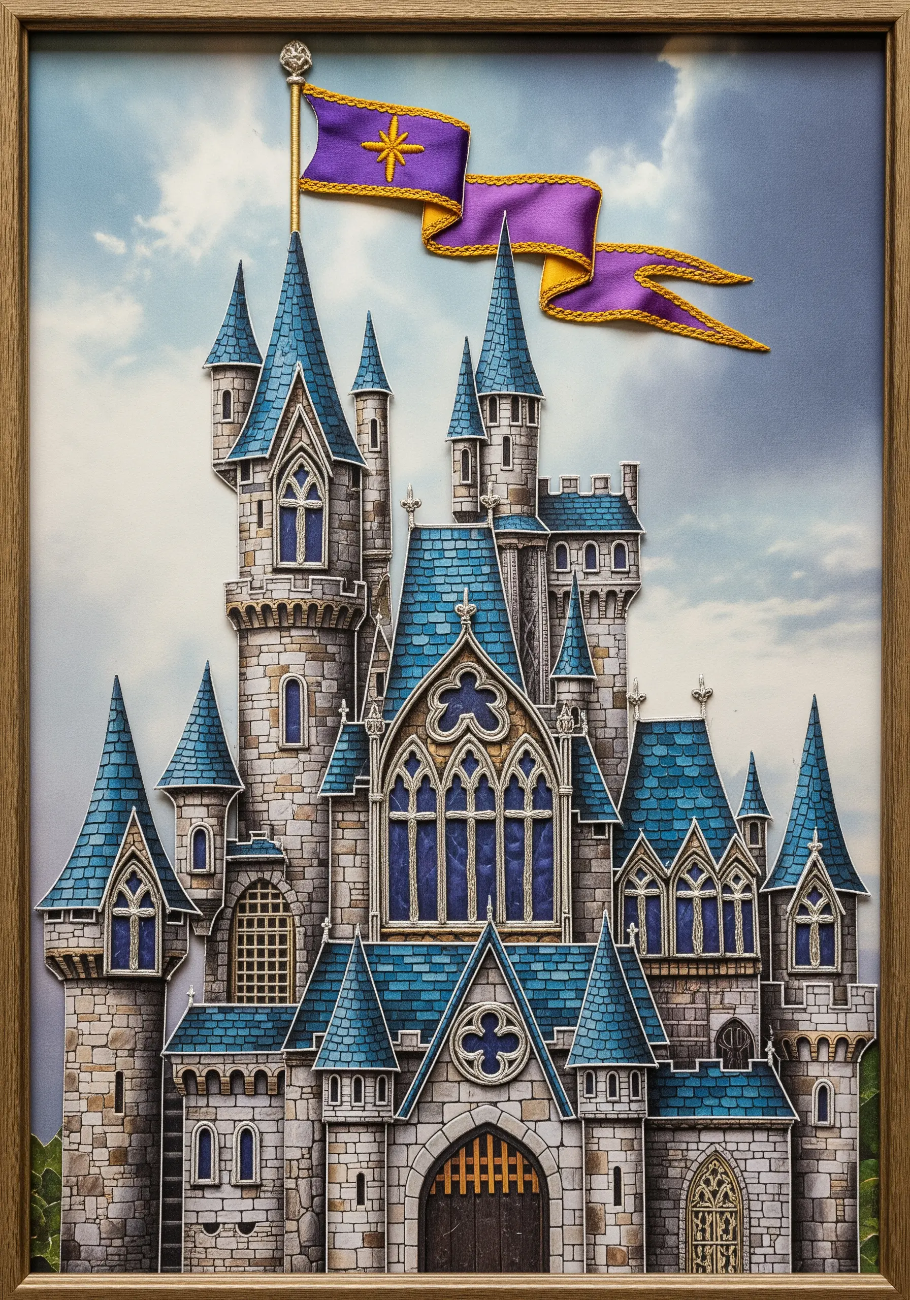 A detailed collage of a fairytale castle with a 3D flag made from embroidered fabric.