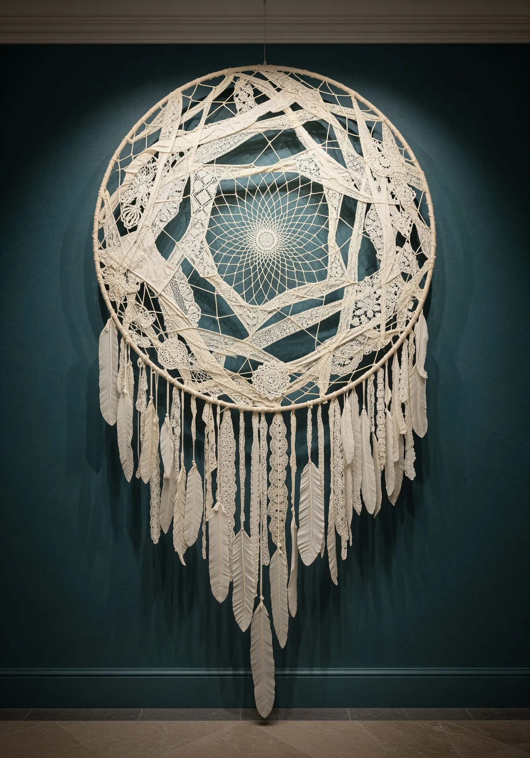 A large, intricate dreamcatcher made from white and cream vintage lace doilies and fabric feathers.