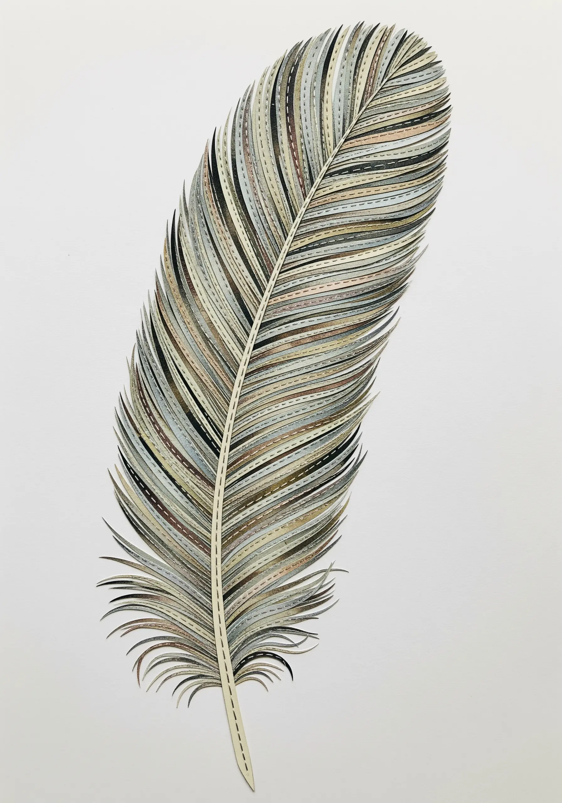 A realistic-looking feather constructed from thin, layered strips of paper stitched down the middle.
