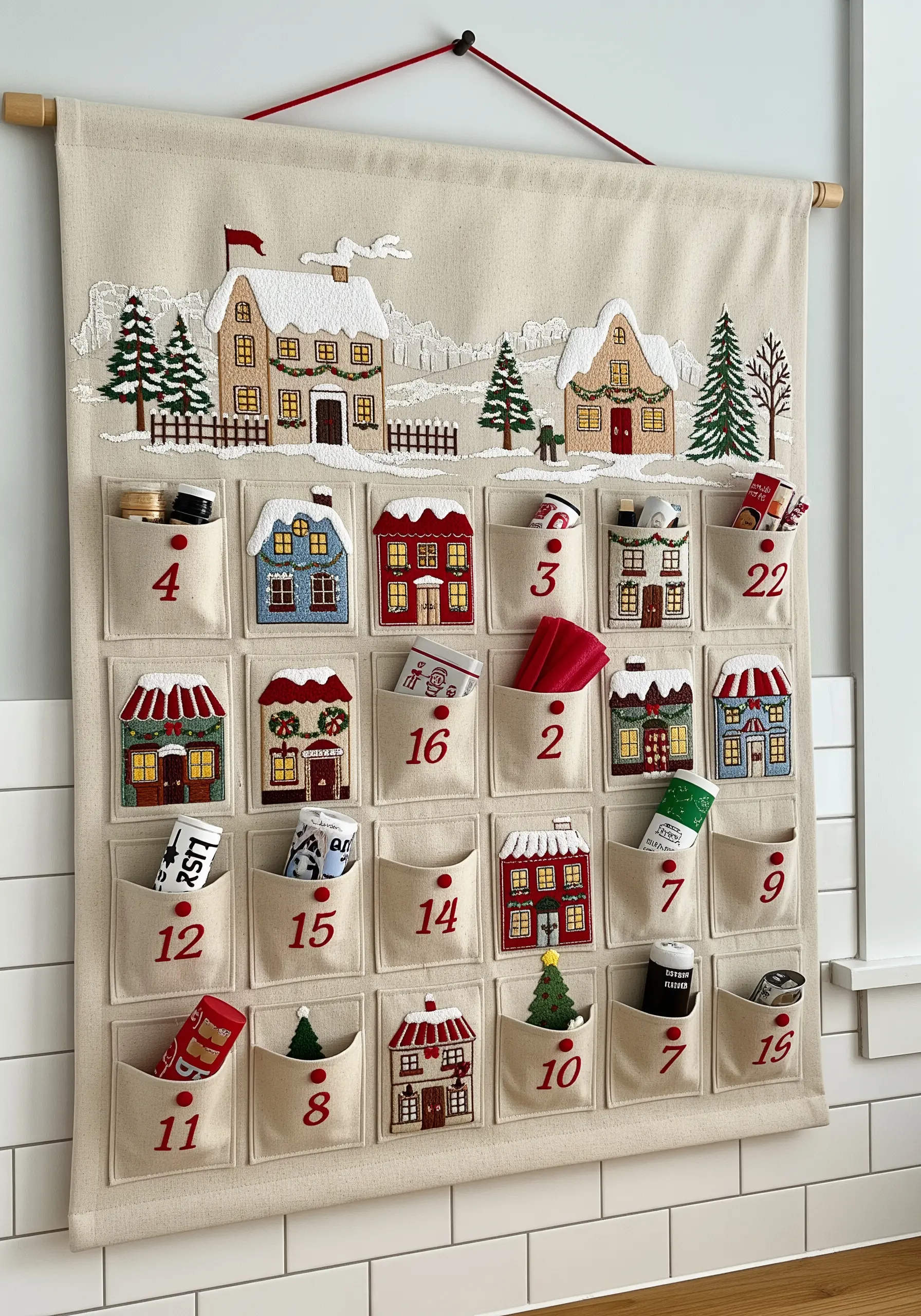 A handmade advent calendar with 24 small pockets, each embroidered with a festive little house.