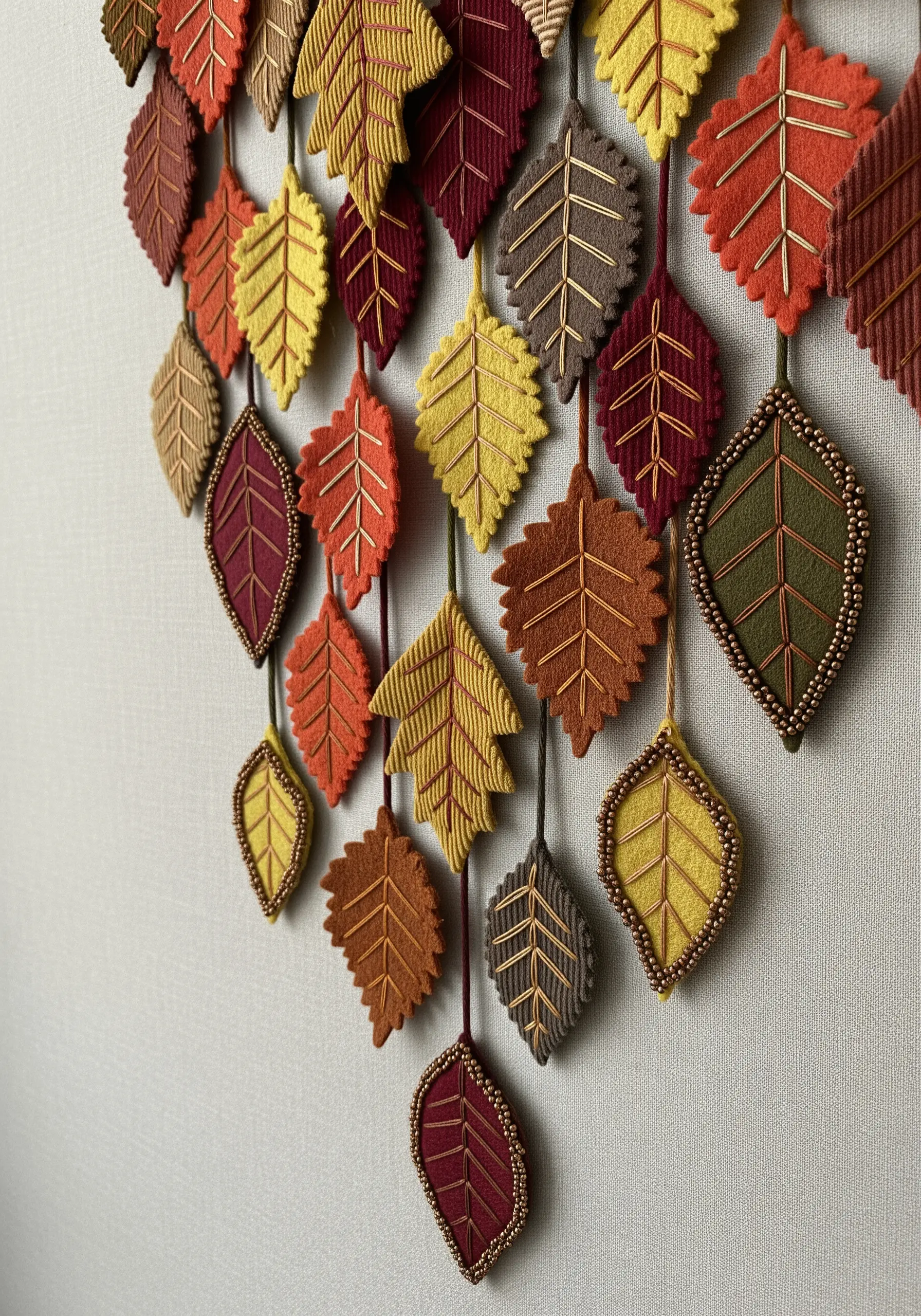 A wall hanging made of individual autumn-colored felt leaves embellished with beads and thread.