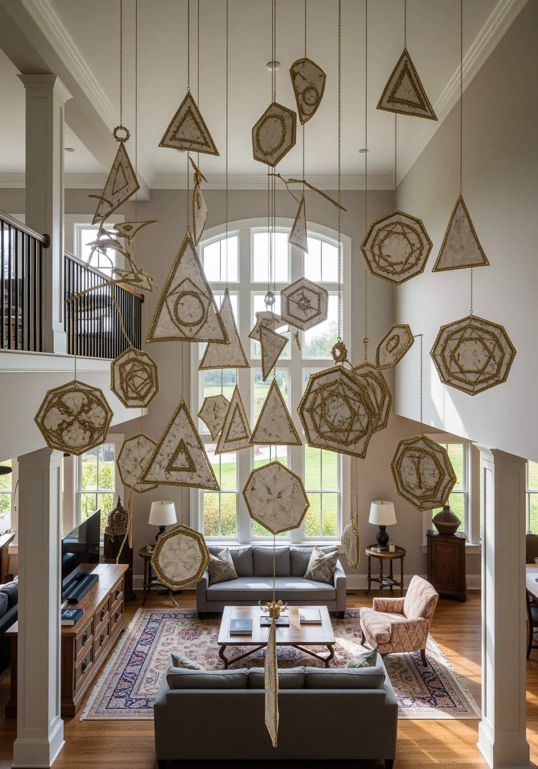 A large mobile made of geometric frames with embroidered sheer fabric hanging in a high-ceilinged room.