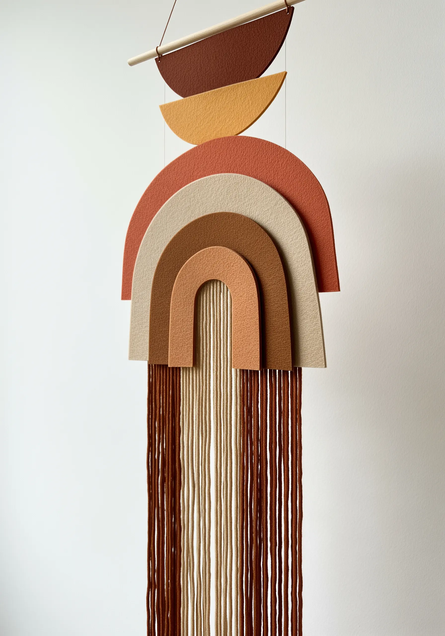 A modern mobile with geometric felt shapes in earthy tones and cascading yarn fringe.