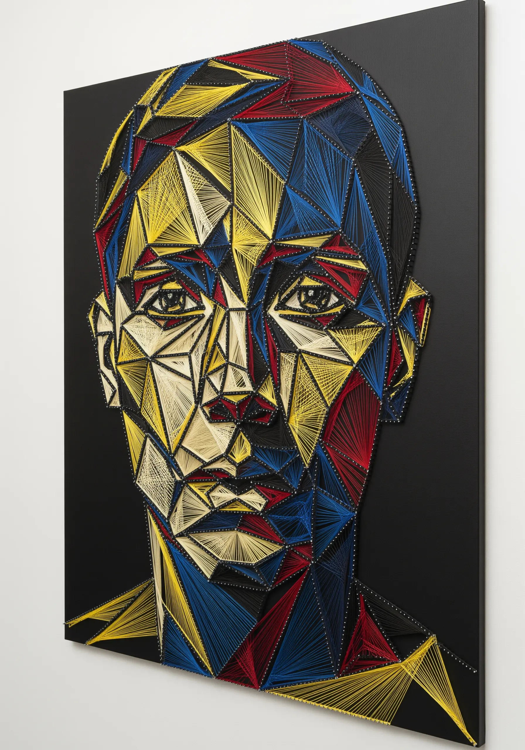 An abstract, geometric string art portrait using bold primary colors and black outlines.