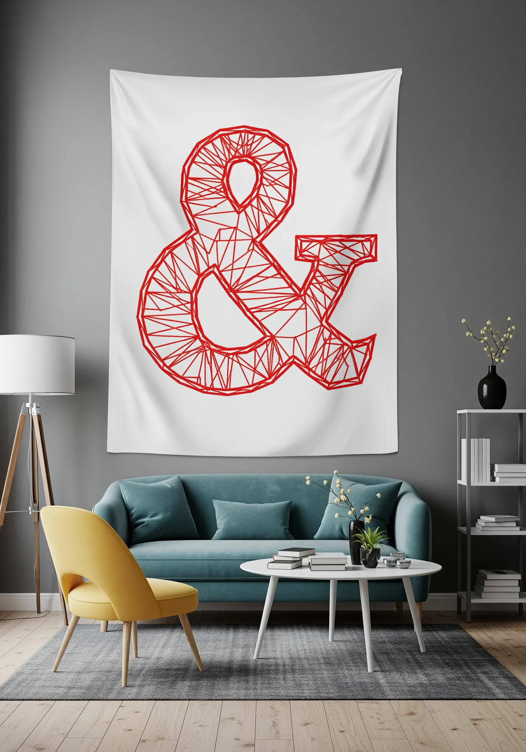 A white tapestry with a large red ampersand filled in with a web of straight, geometric lines.