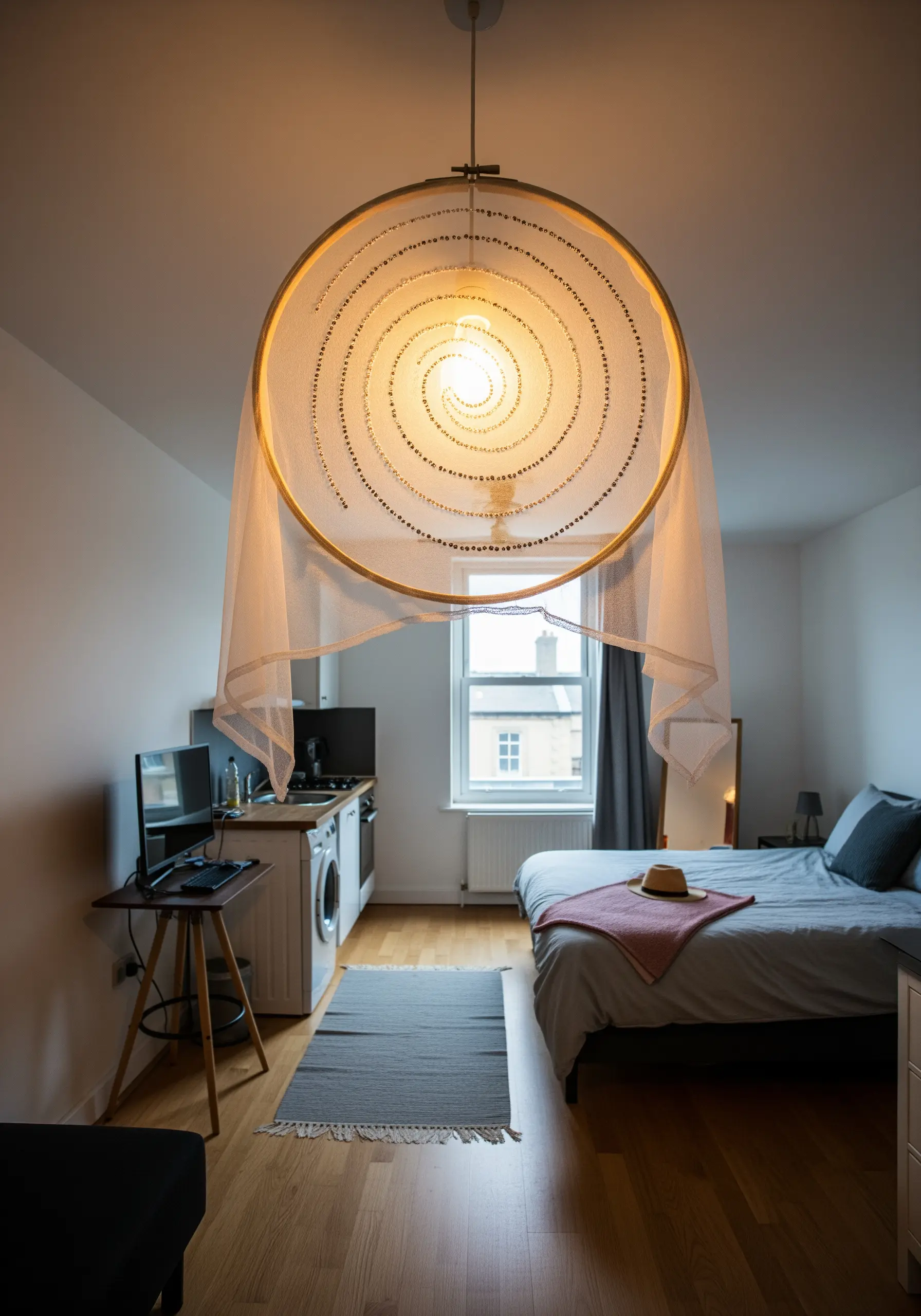 A large embroidery hoop with sheer, embroidered fabric draped over it, functioning as a DIY chandelier.