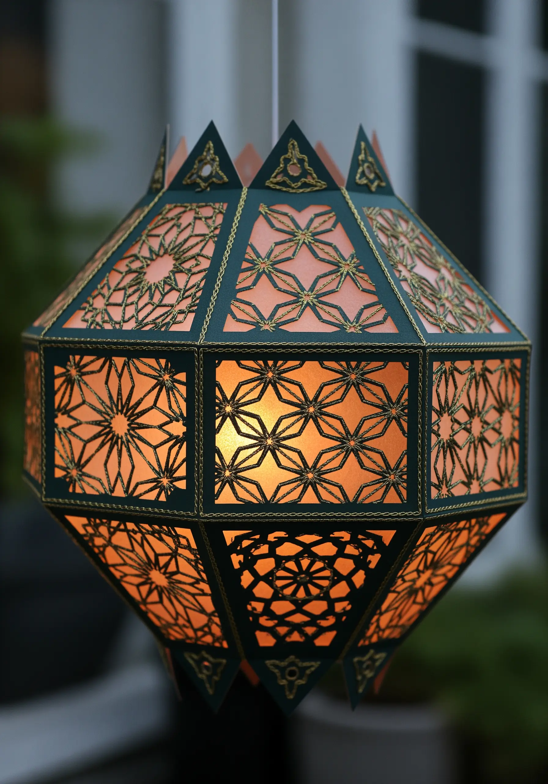 An ornate paper lantern with intricately embroidered panels, glowing warmly from an internal light.