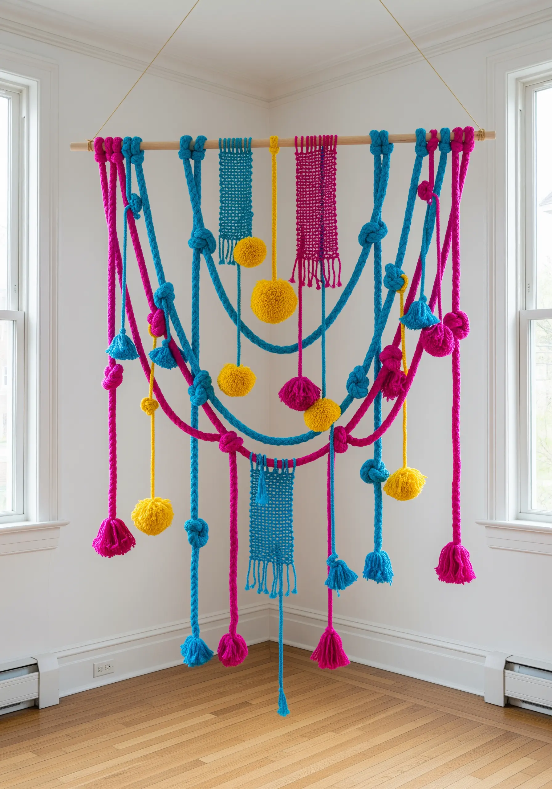 A large corner wall installation made of thick pink and blue ropes, knots, and yellow pom-poms.