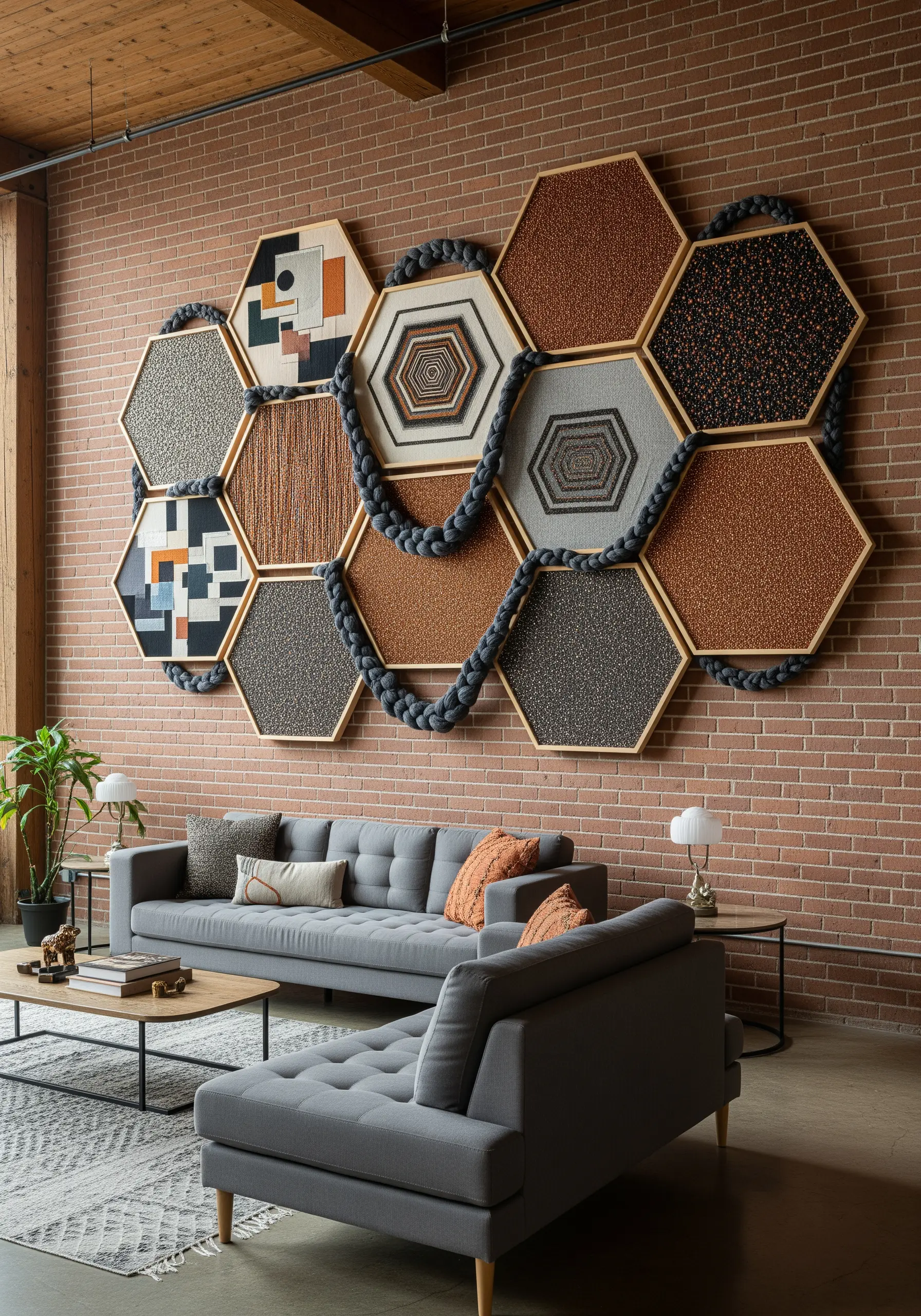 A large wall installation of hexagonal frames covered in various textiles and linked with a gray braided cord.