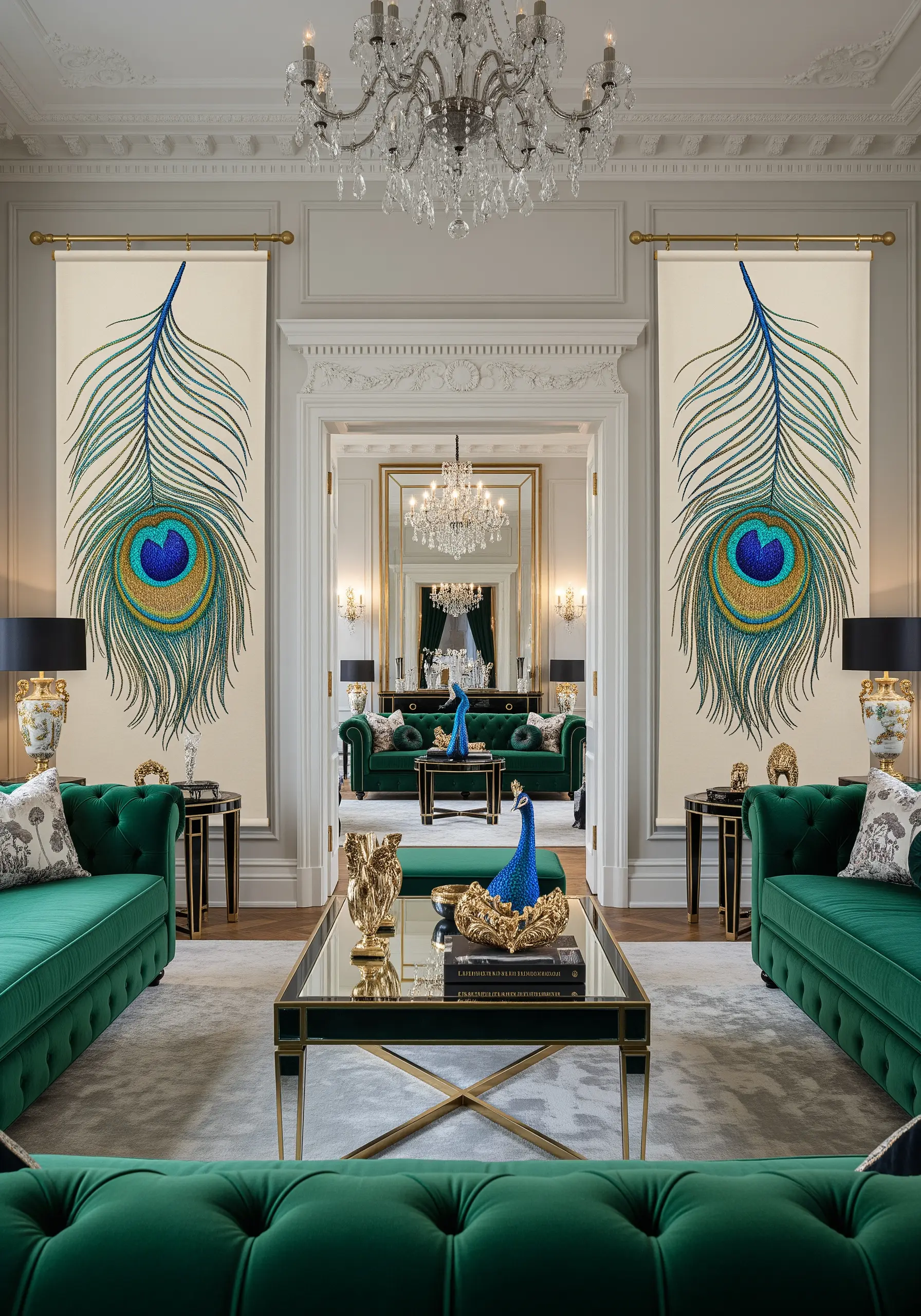 Two tall banners, each with a large, intricately embroidered peacock feather using metallic threads.