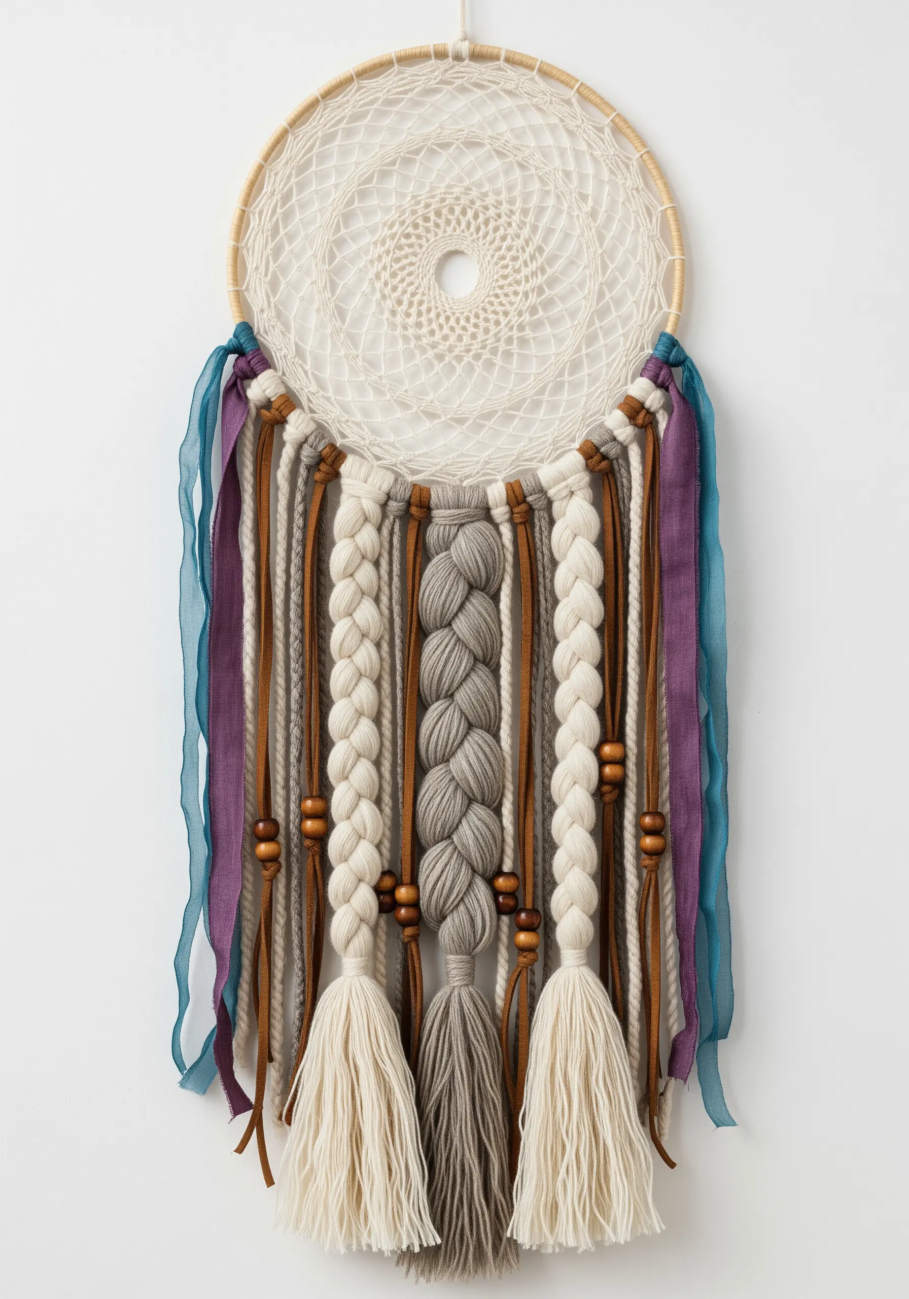 A modern dream catcher with a woven center and a tail of braided yarn, ribbons, and leather strips.